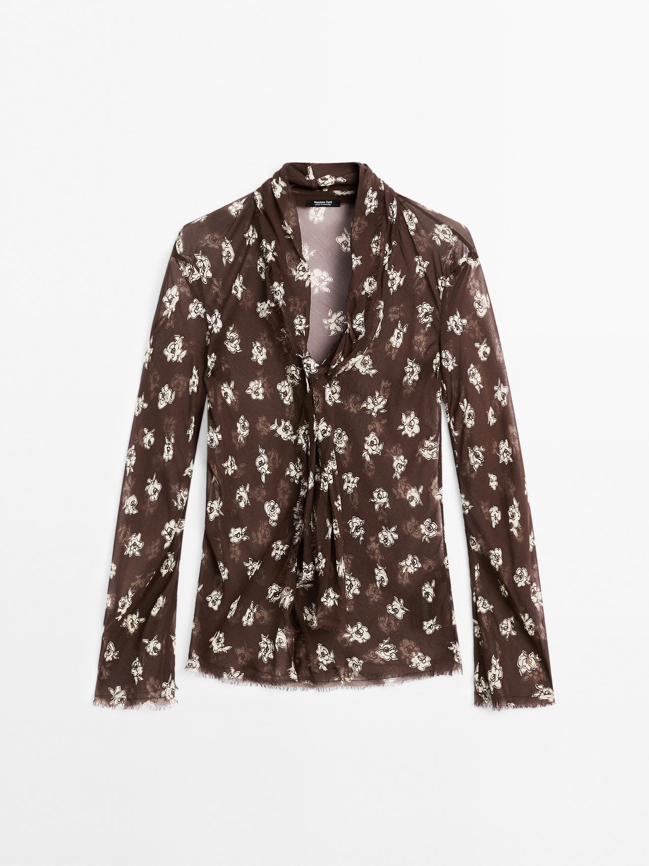 Massimo Dutti - Dame - Skjorte Med Blødt Fald Og Tørklædekrave - Brun - M