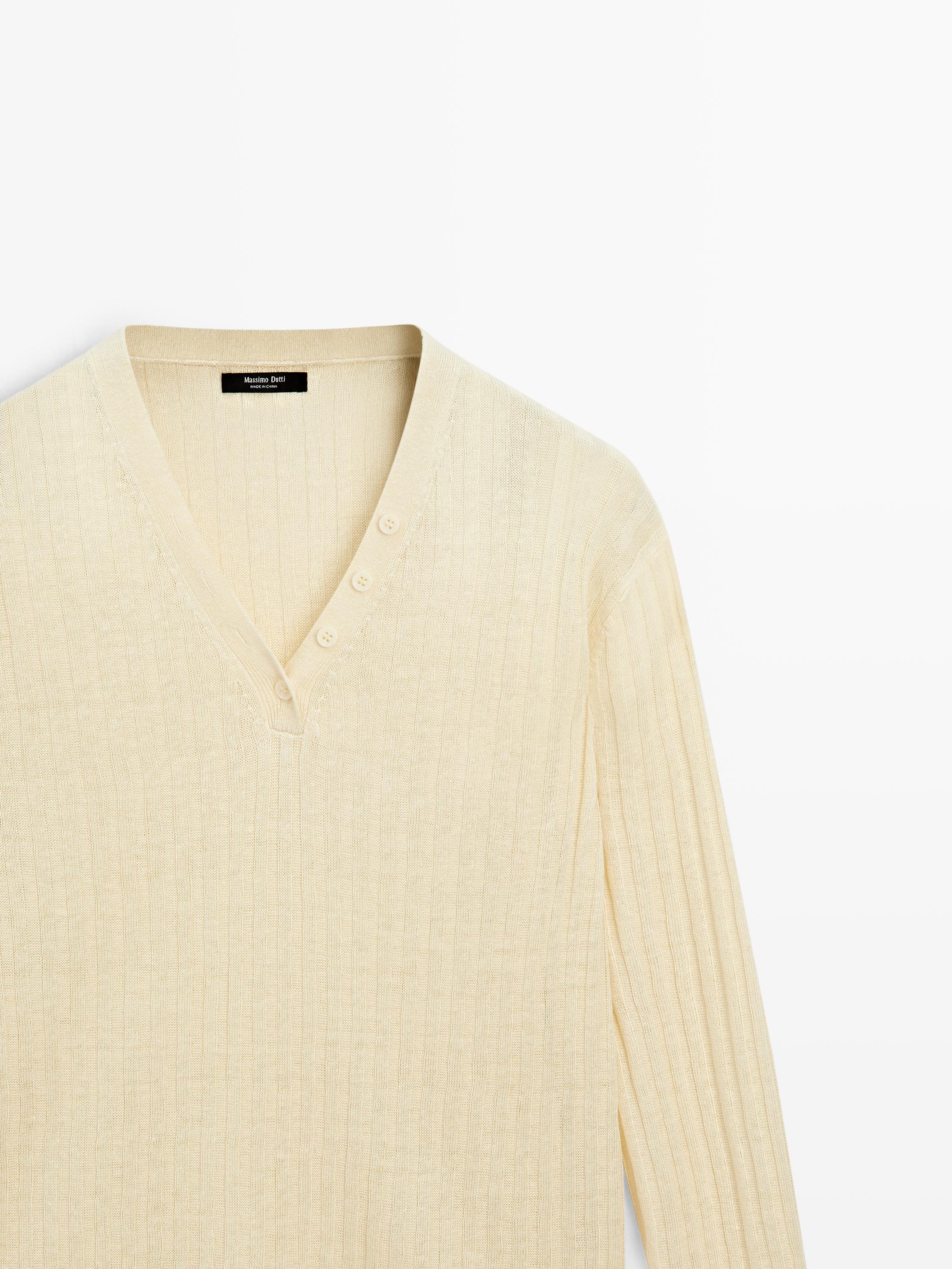 100% linen knit sweater with button details — Vanilla