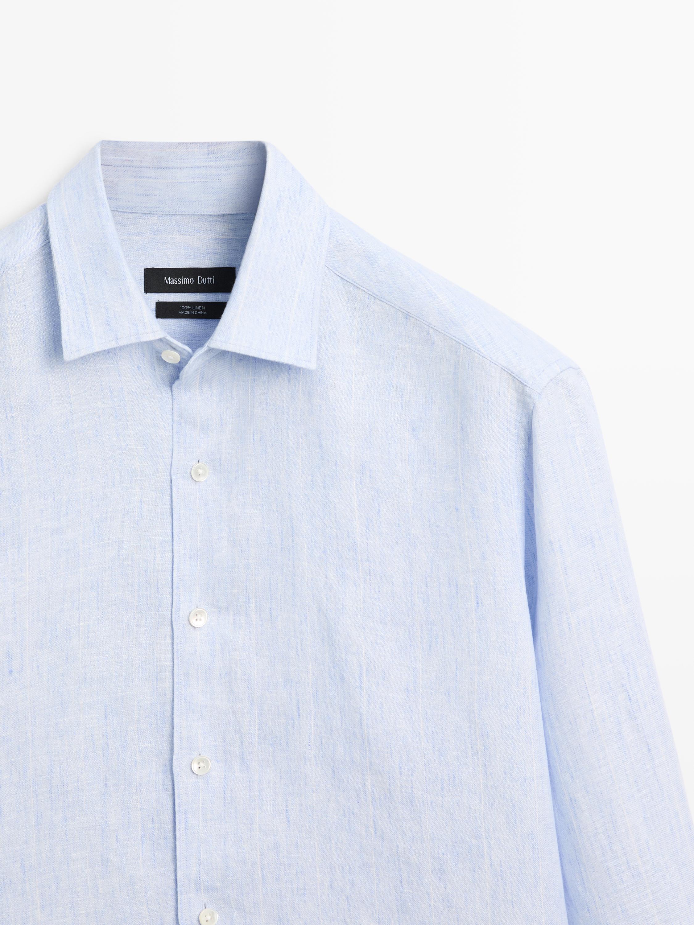 100% linen regular fit striped shirt — Light Blue
