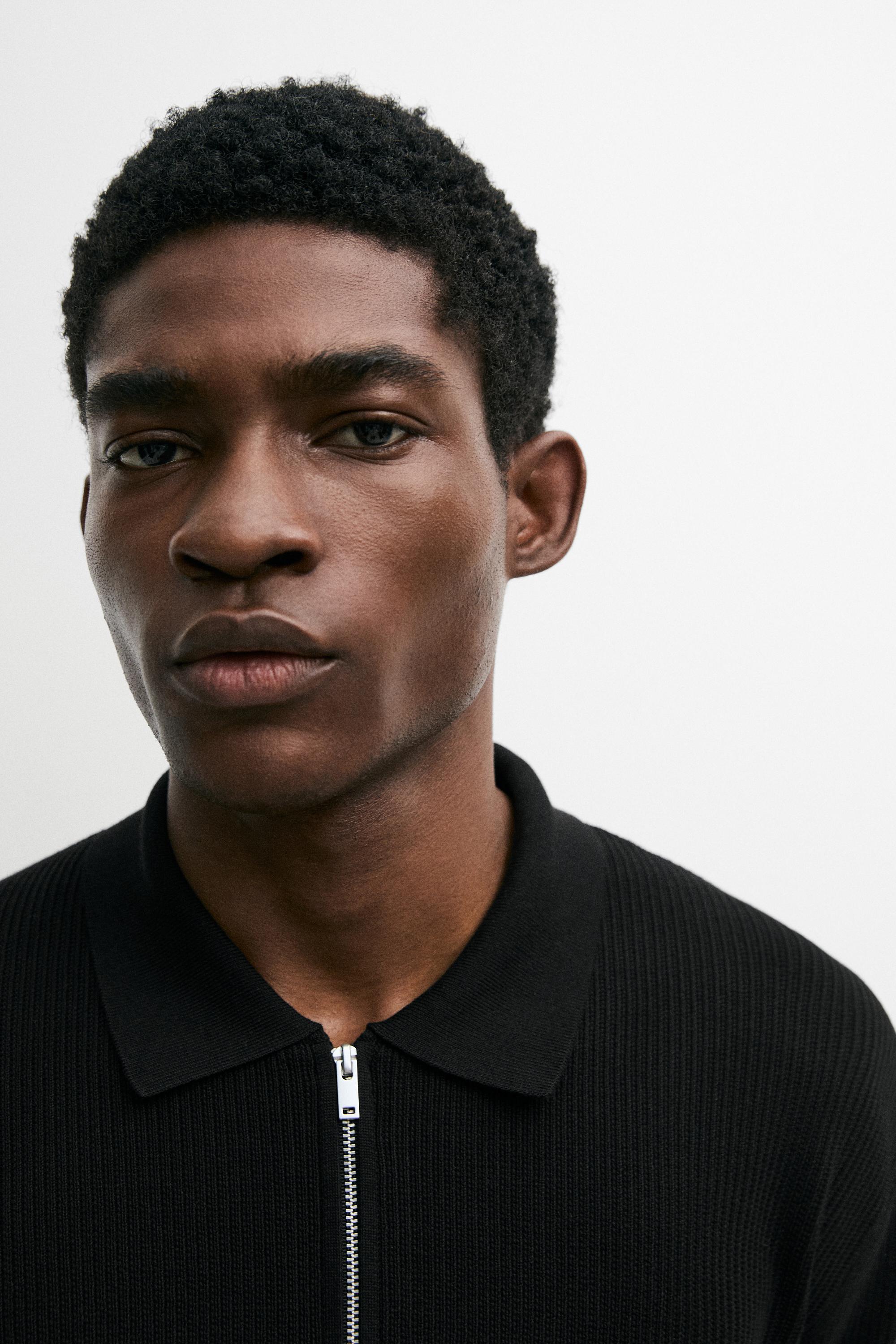 Knit polo sweater with quarter-zip collar — BLACK