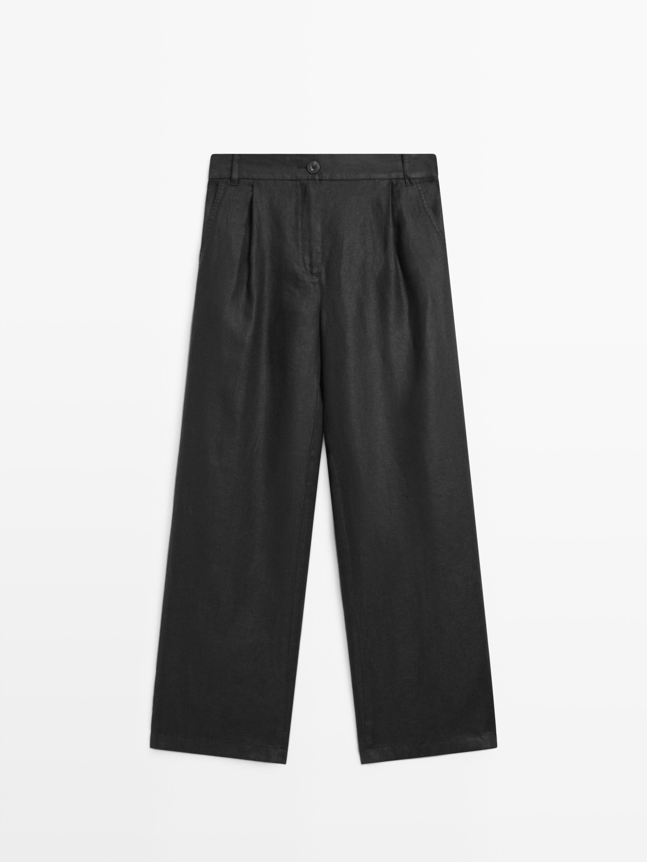 100% linen wide-leg elasticated trousers — BLACK