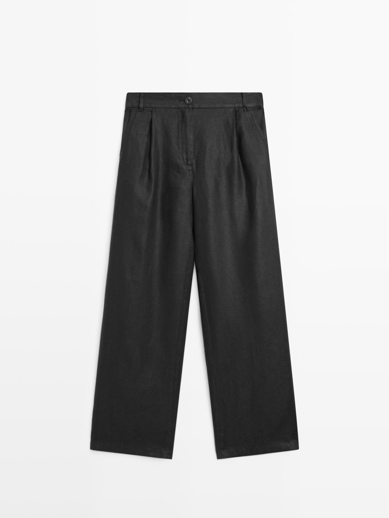 Massimo Dutti - Dame - Bukser I 100 % Hør Med Stretch Og Brede Ben - Sort - 42