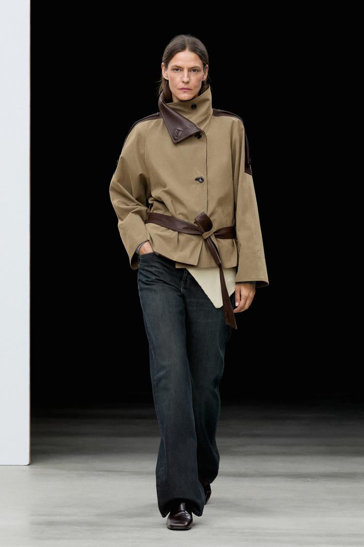 Cropped mixed leather jacket — Greyish green