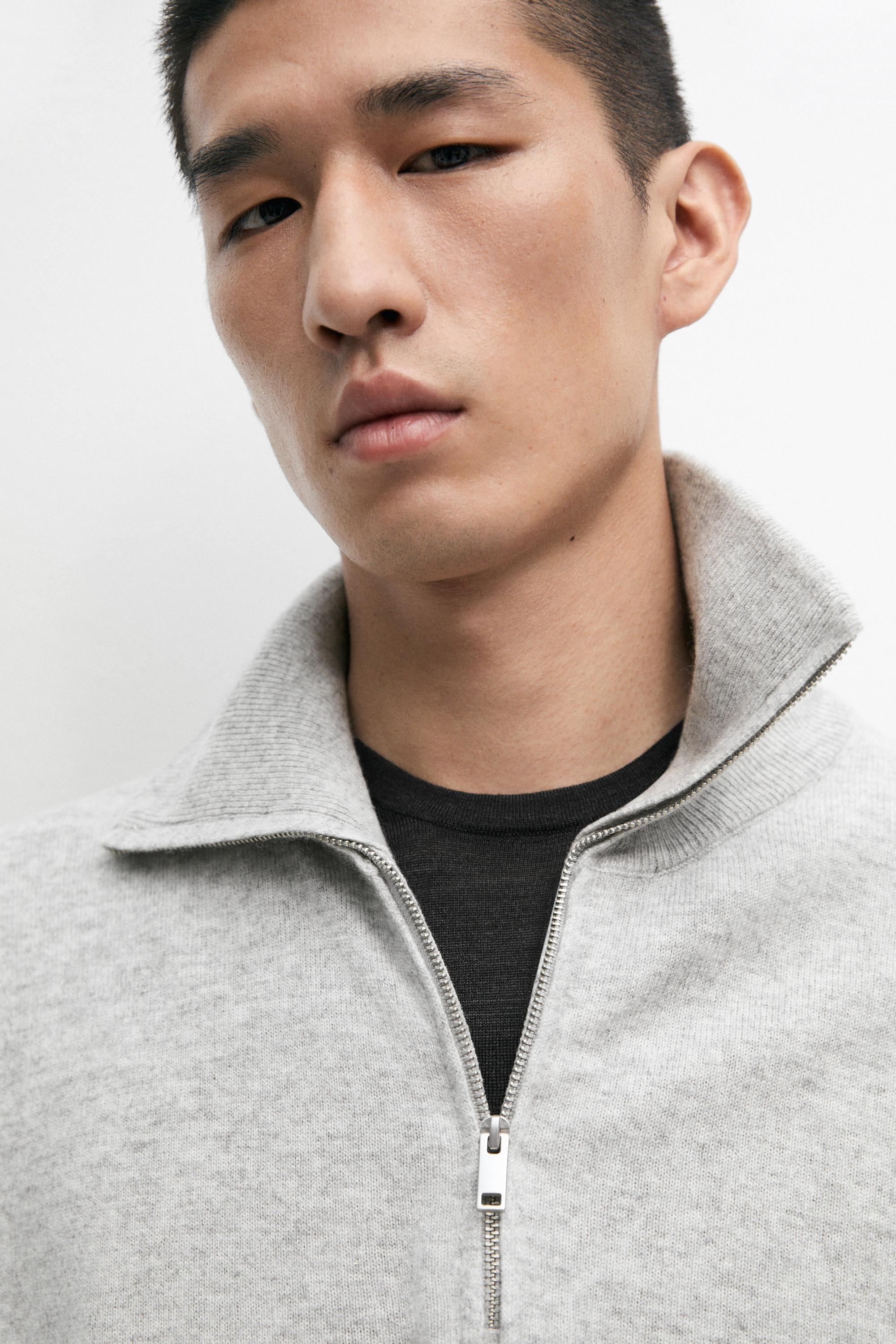 Mock neck zip-up knit sweater — GREY MARL