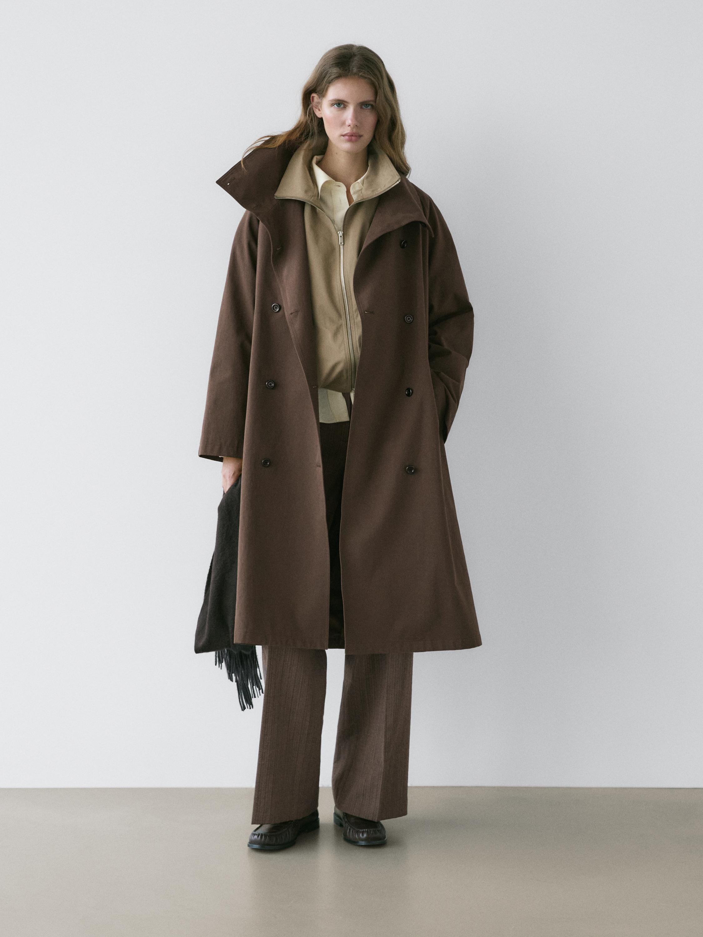 High collar trench coat — BROWN