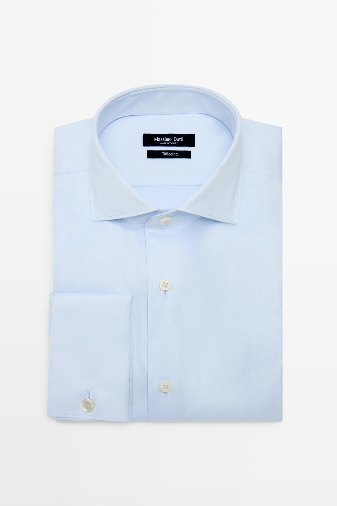Slim fit 100% cotton shirt with double cuffs — Light blue