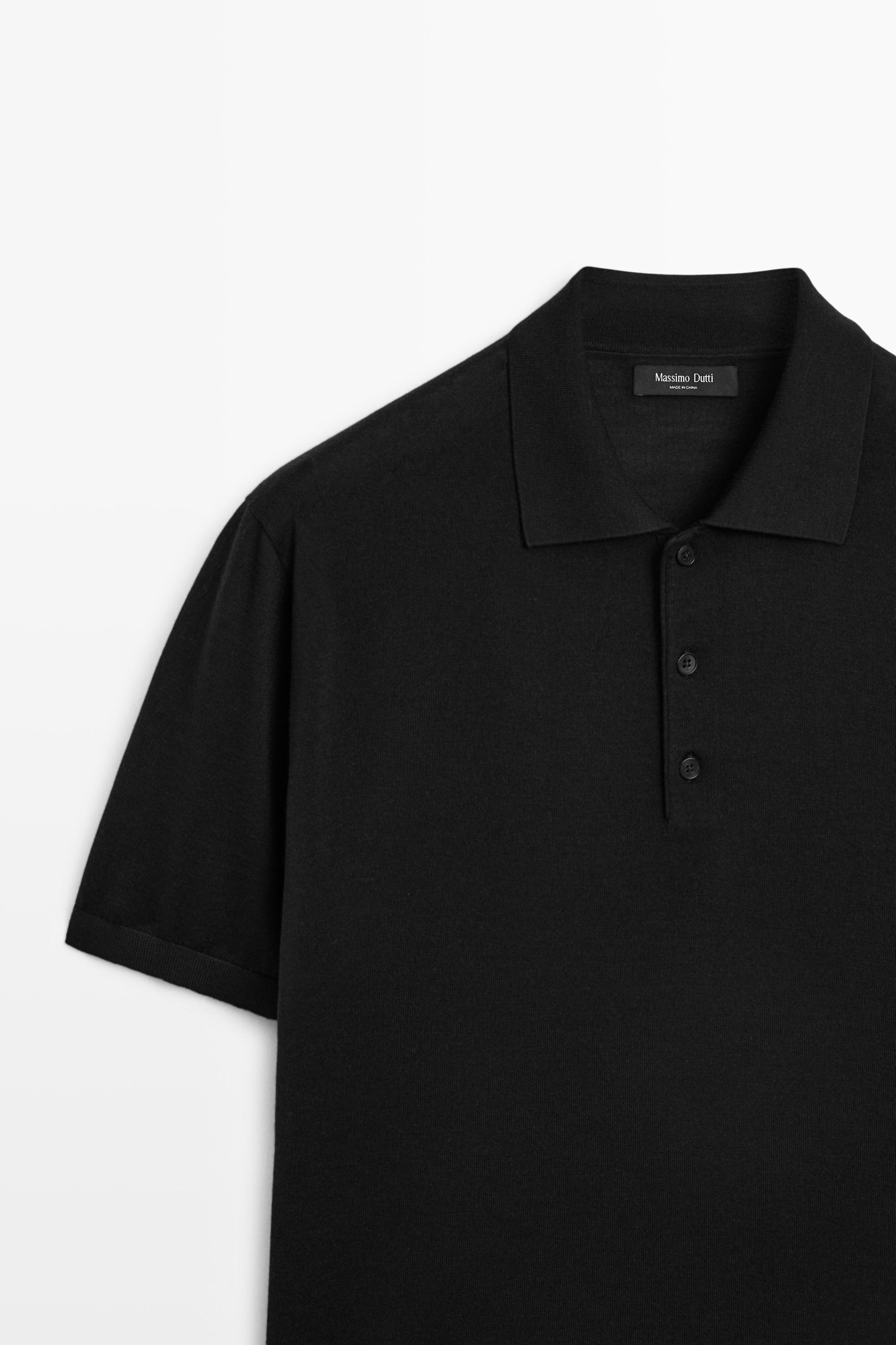 Wool blend knit polo shirt — BLACK
