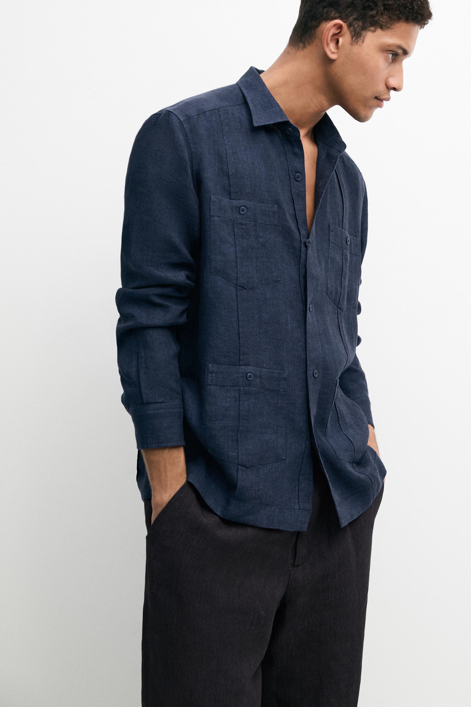 Regular fit 100% linen shirt with pockets — DEEP BLUE