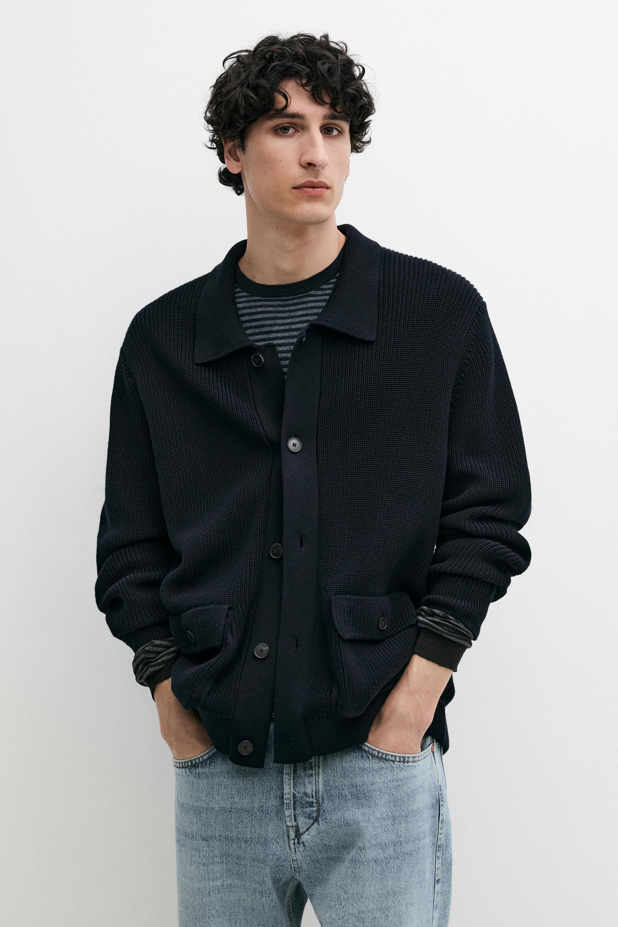 Cotton knit cardigan with pockets — NAVY BLUE