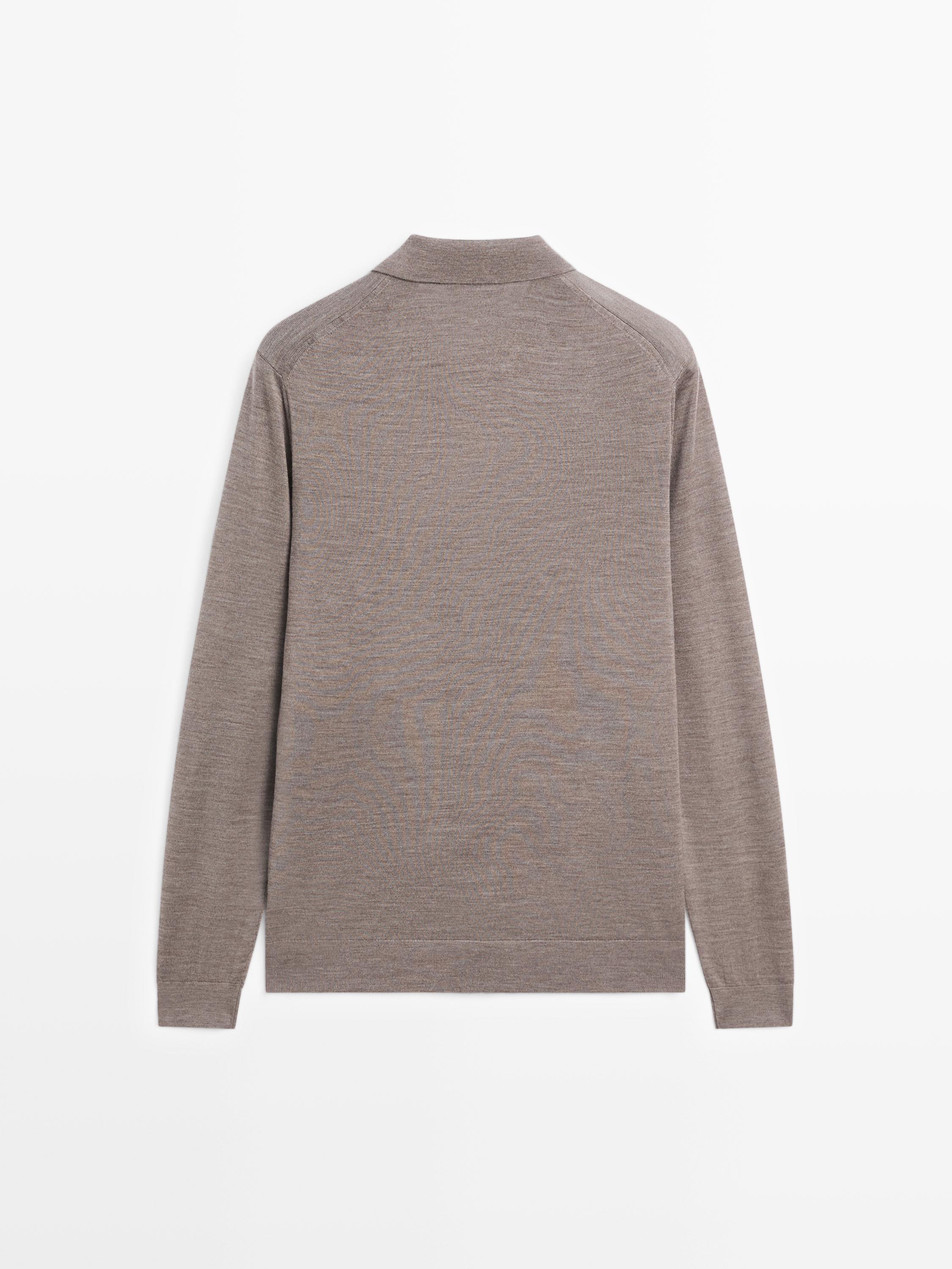 100% wool knit sweater with polo collar — MOLE BROWN