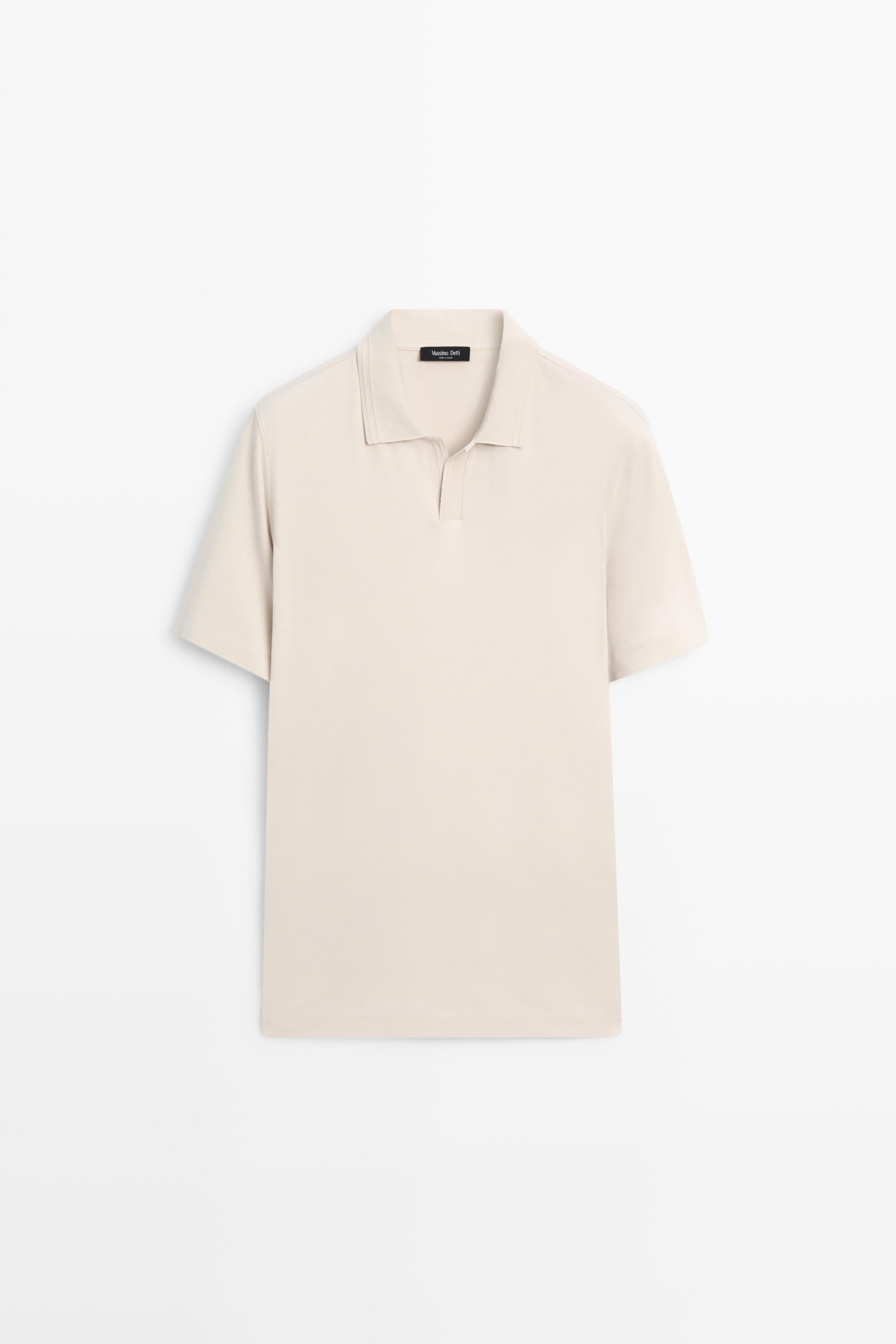 100% cotton V-neck knit polo — STONE