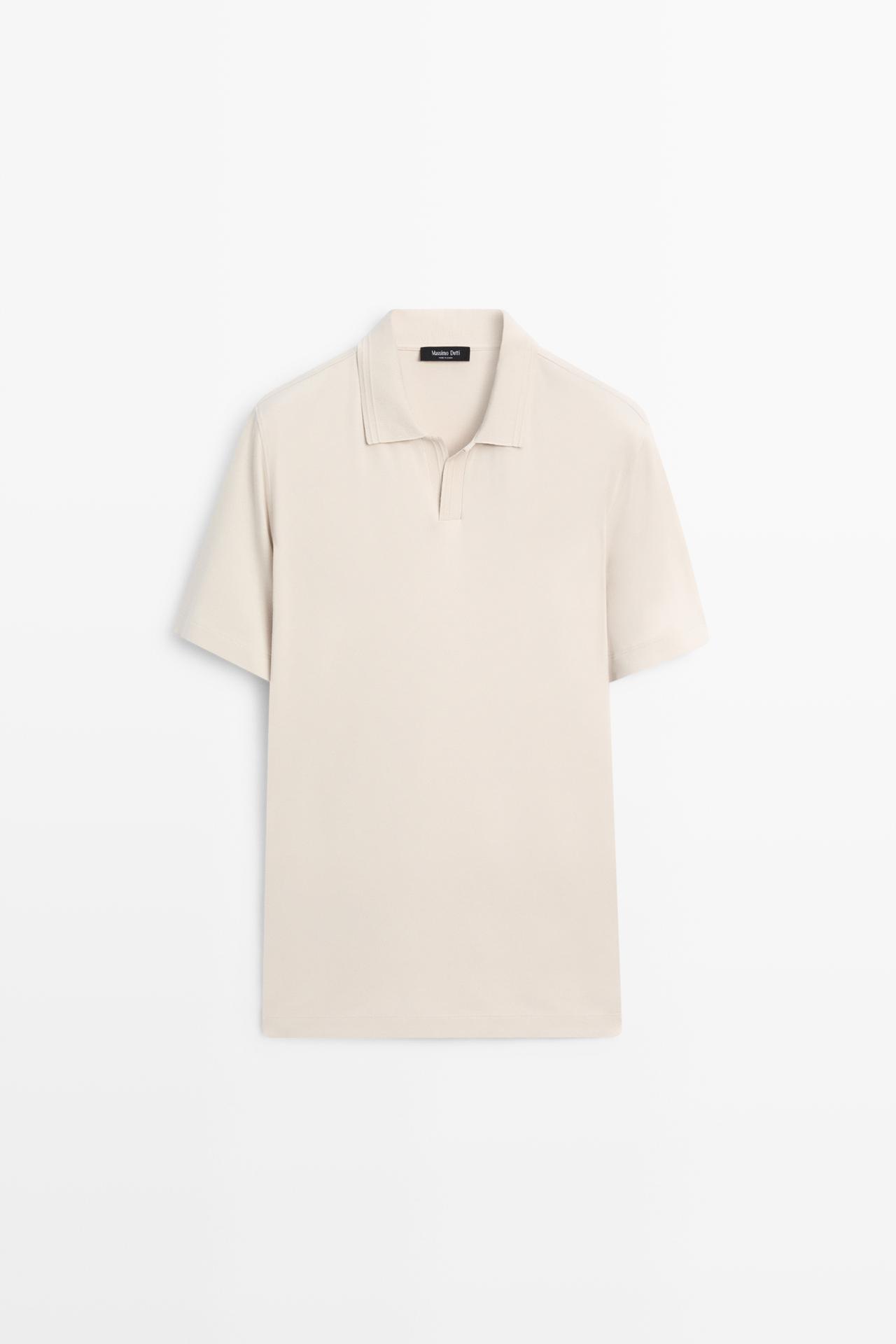 100% cotton V-neck knit polo — STONE