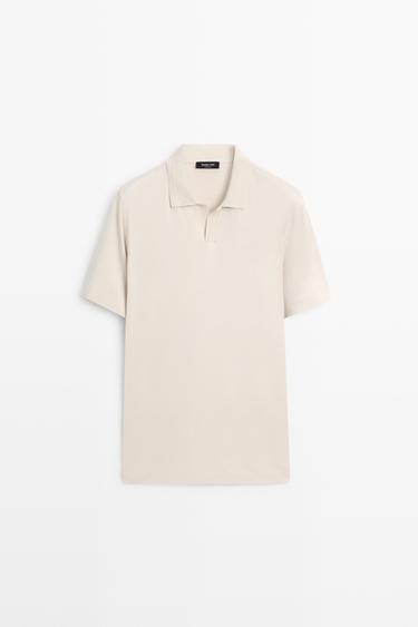 100% cotton V-neck knit polo — STONE 2