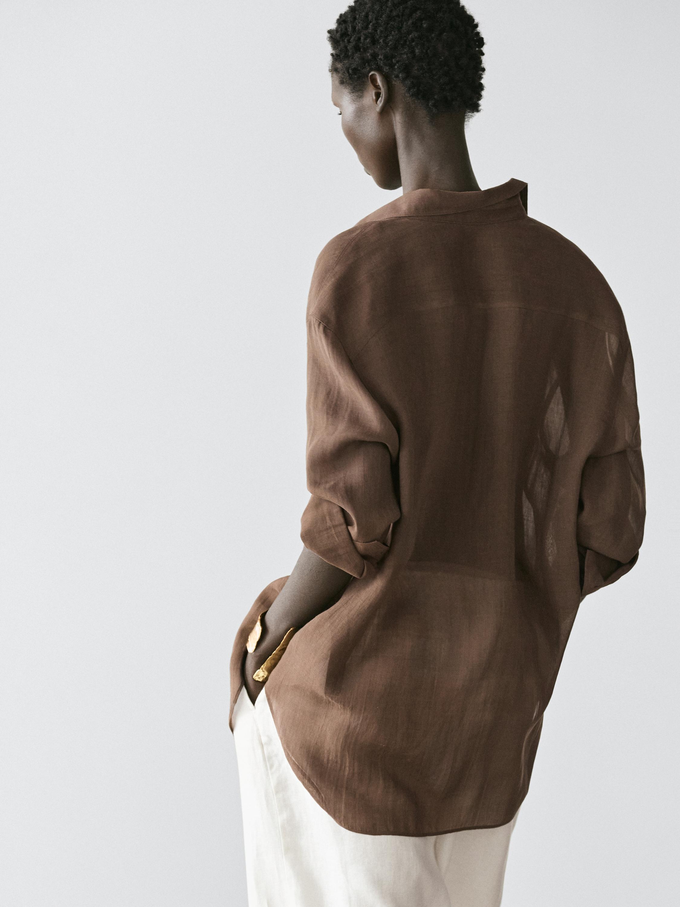 Flowing shirt with shirt collar — BROWN