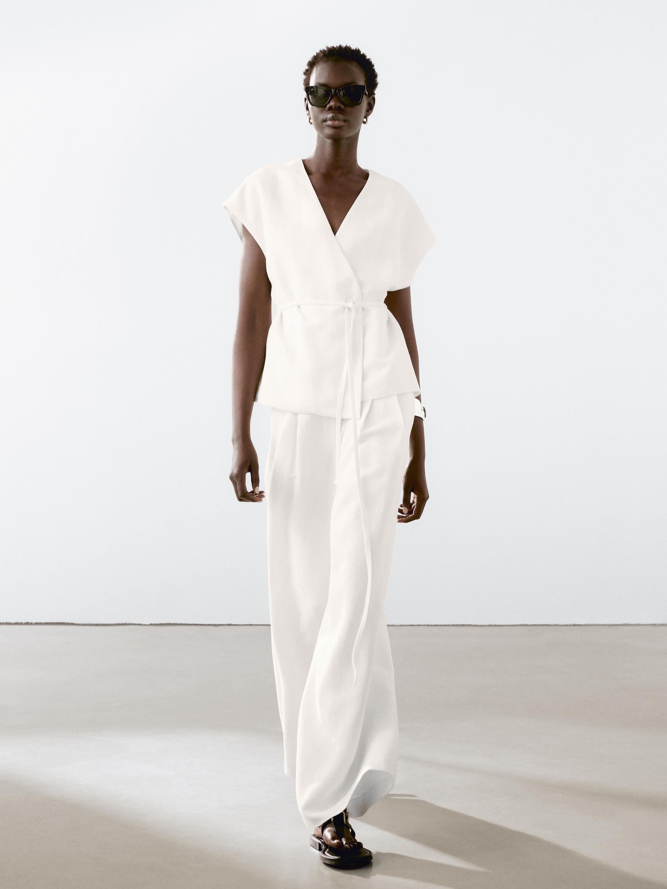 Wide Leg Pantalon Blanco Massimo Dutti Mujer Wide Leg Pantalón