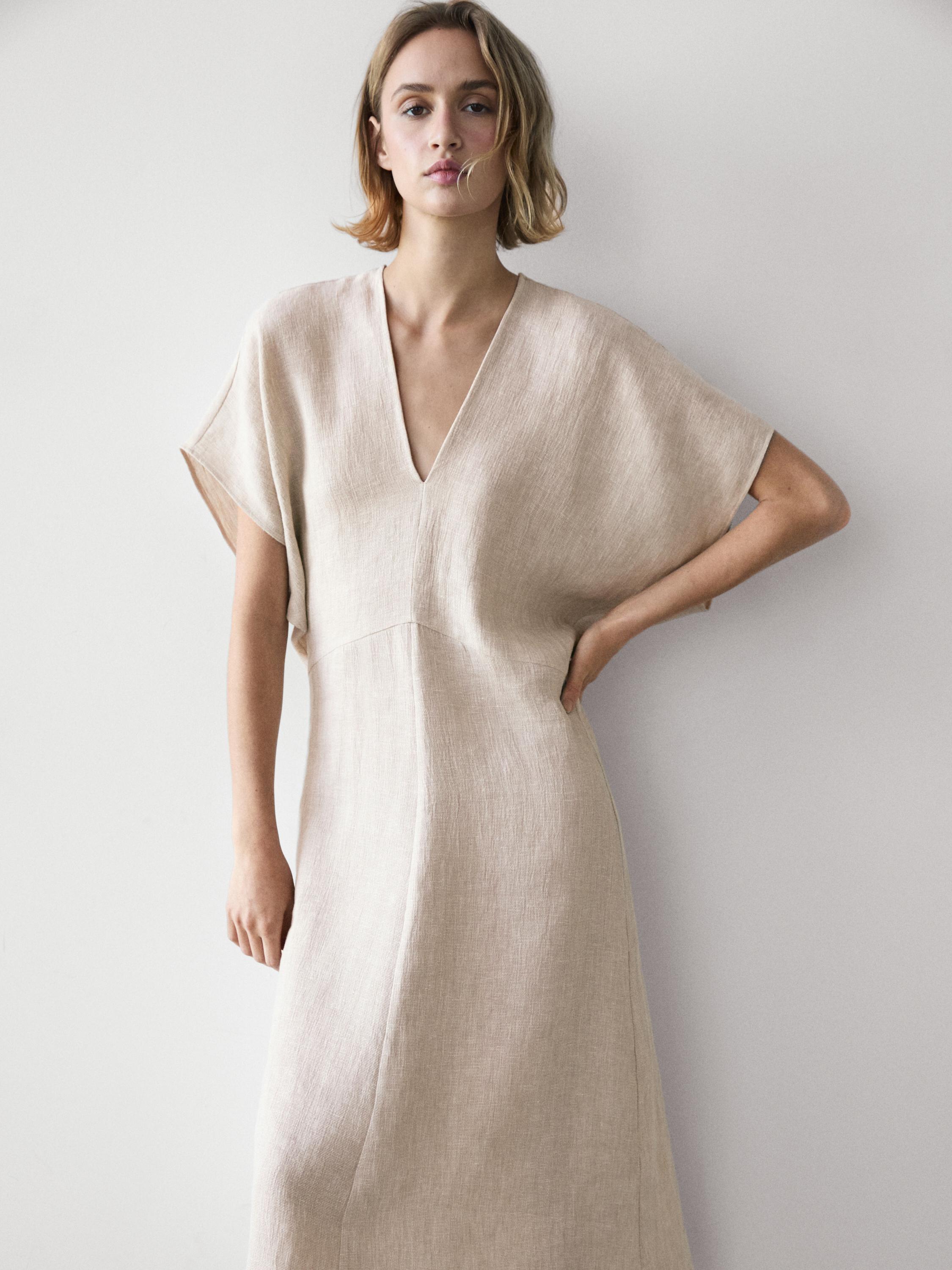 Lightweight Short Sleeve Linen Midi Dress - Cream - 4 - Massimo Dutti - Women Lightweight Short Sleeve Linen Midi Dress - Cream - 4 - Massimo Dutti - Women