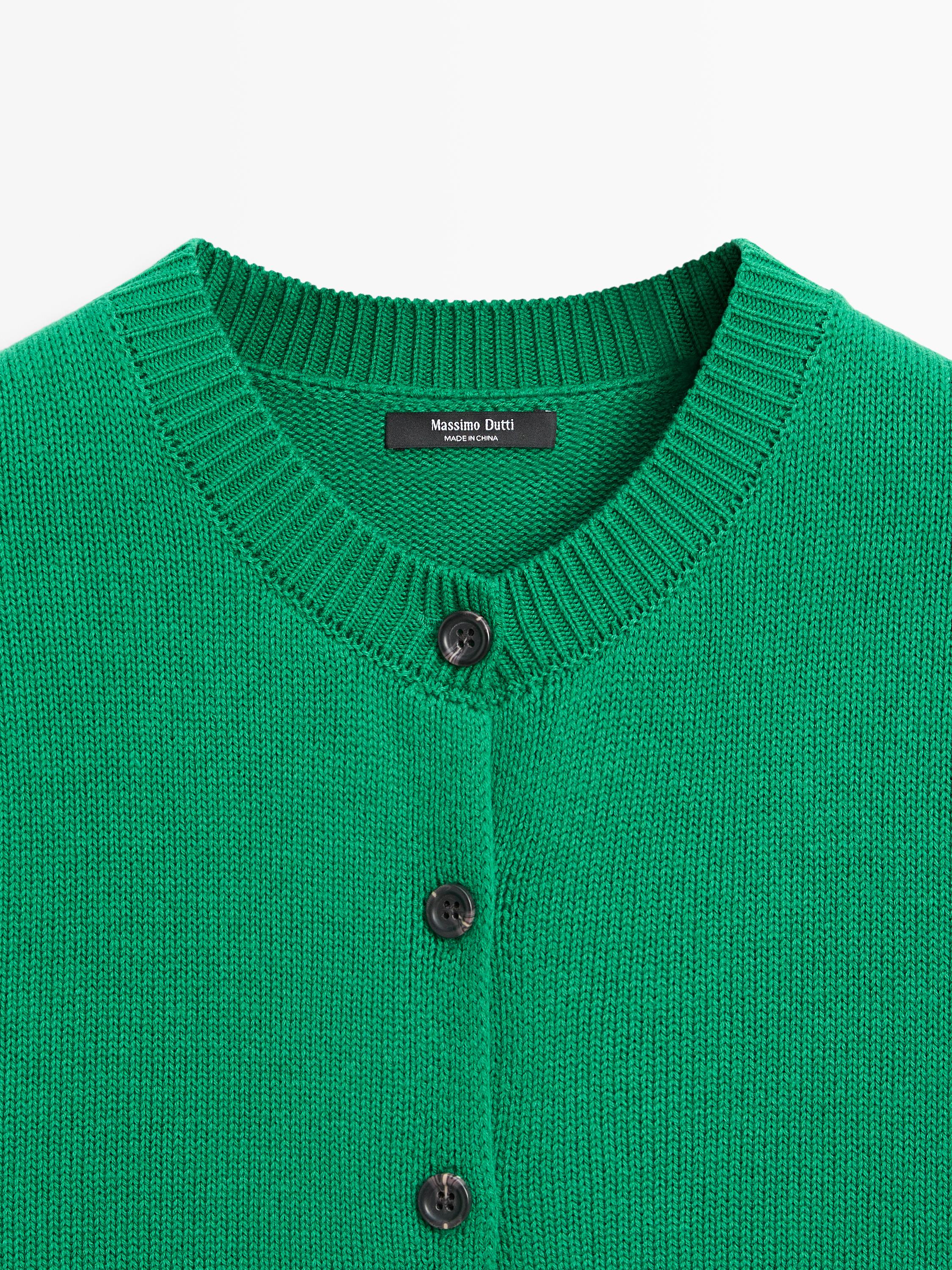 Cotton blend short sleeve knit cardigan — GREEN