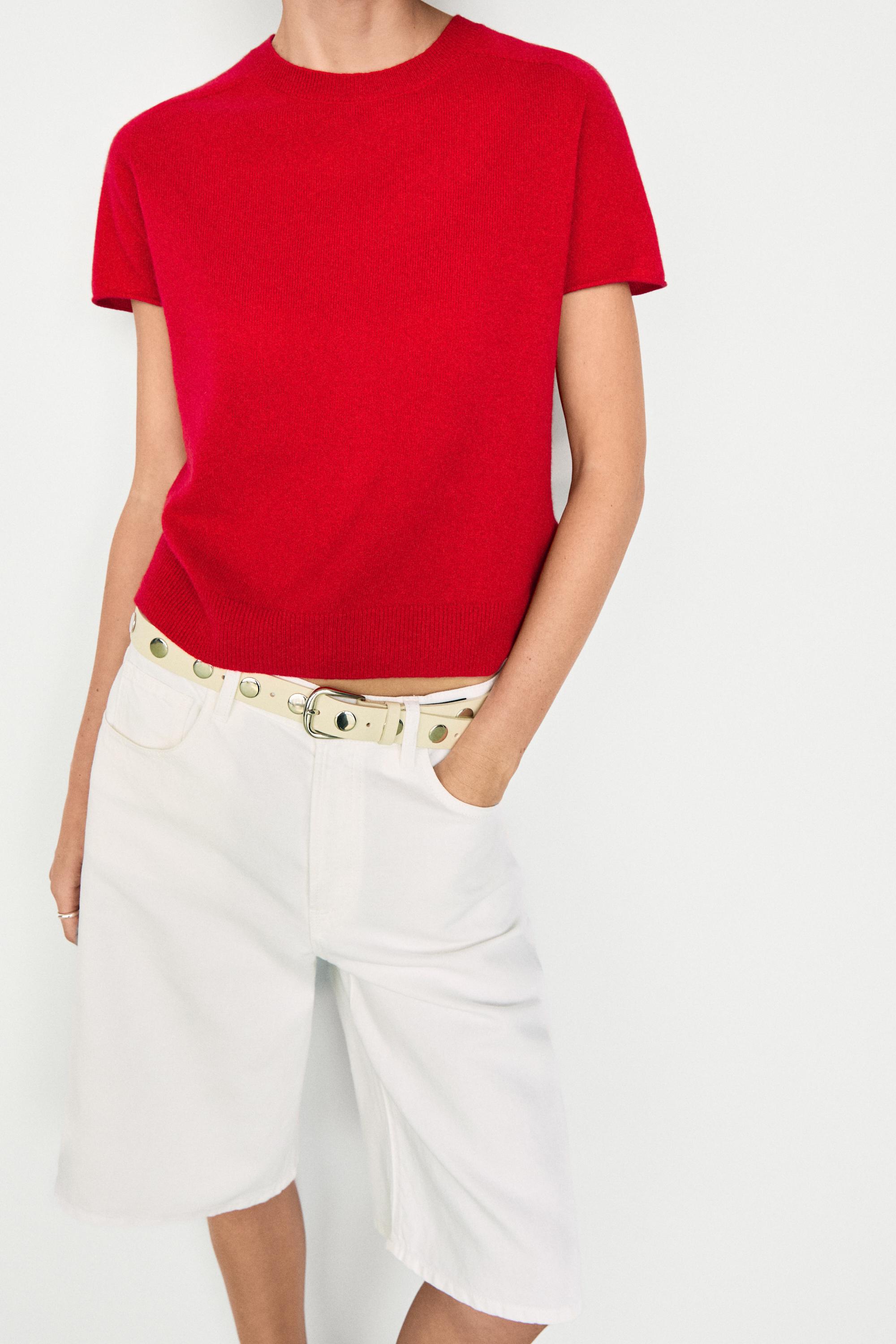100% cashmere short sleeve knit sweater — RED