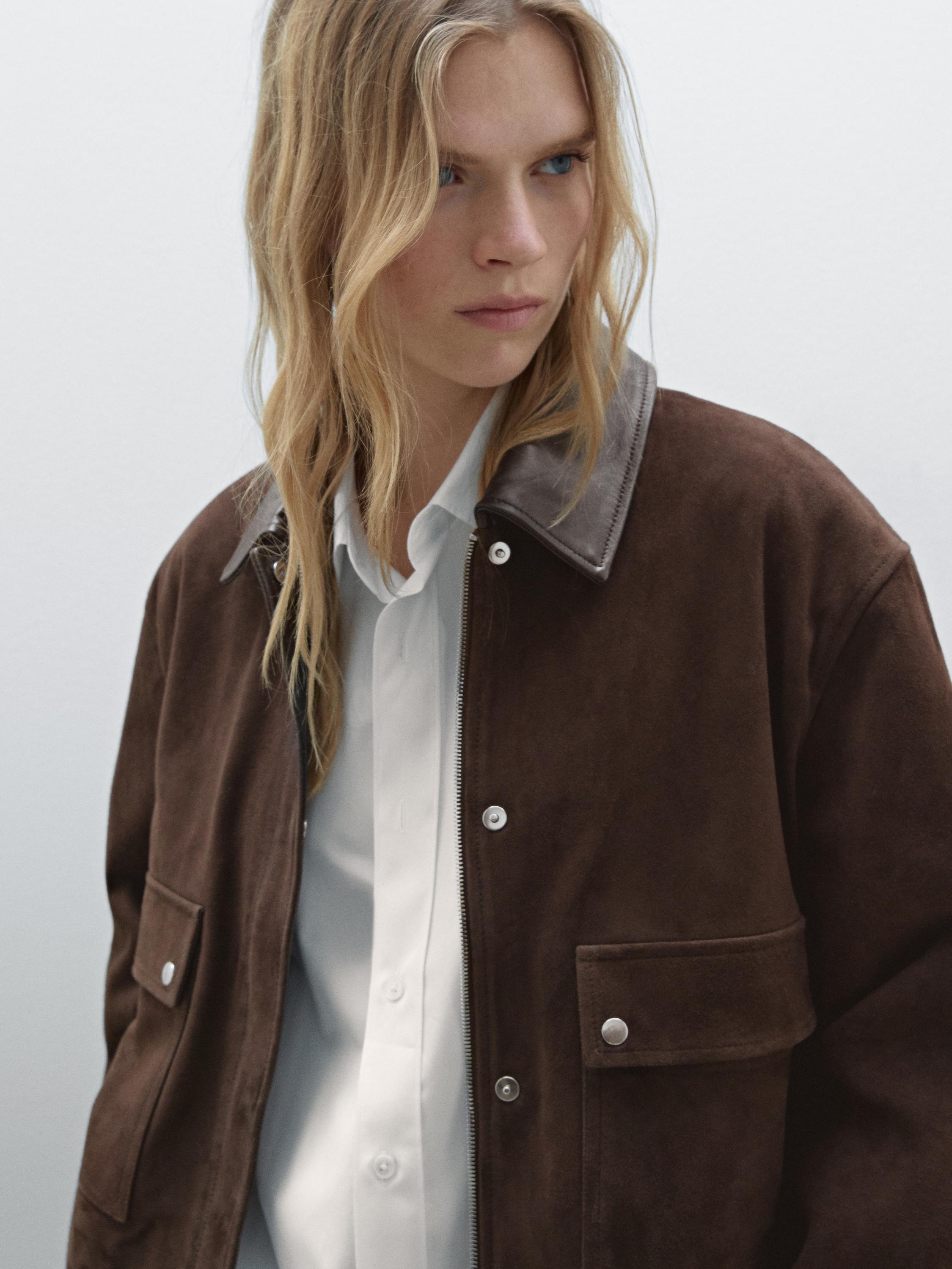 Short suede leather jacket with pockets