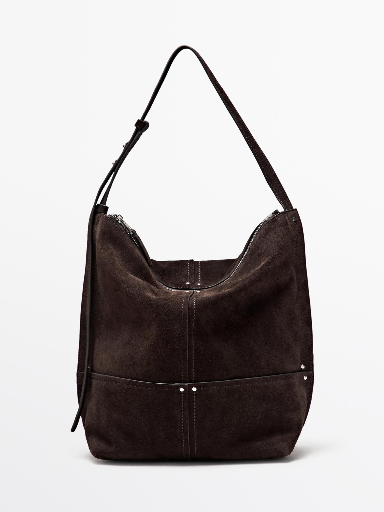 Massimo Dutti - Dames - Leren Splitsuède Buckettas - Chocolade - 01