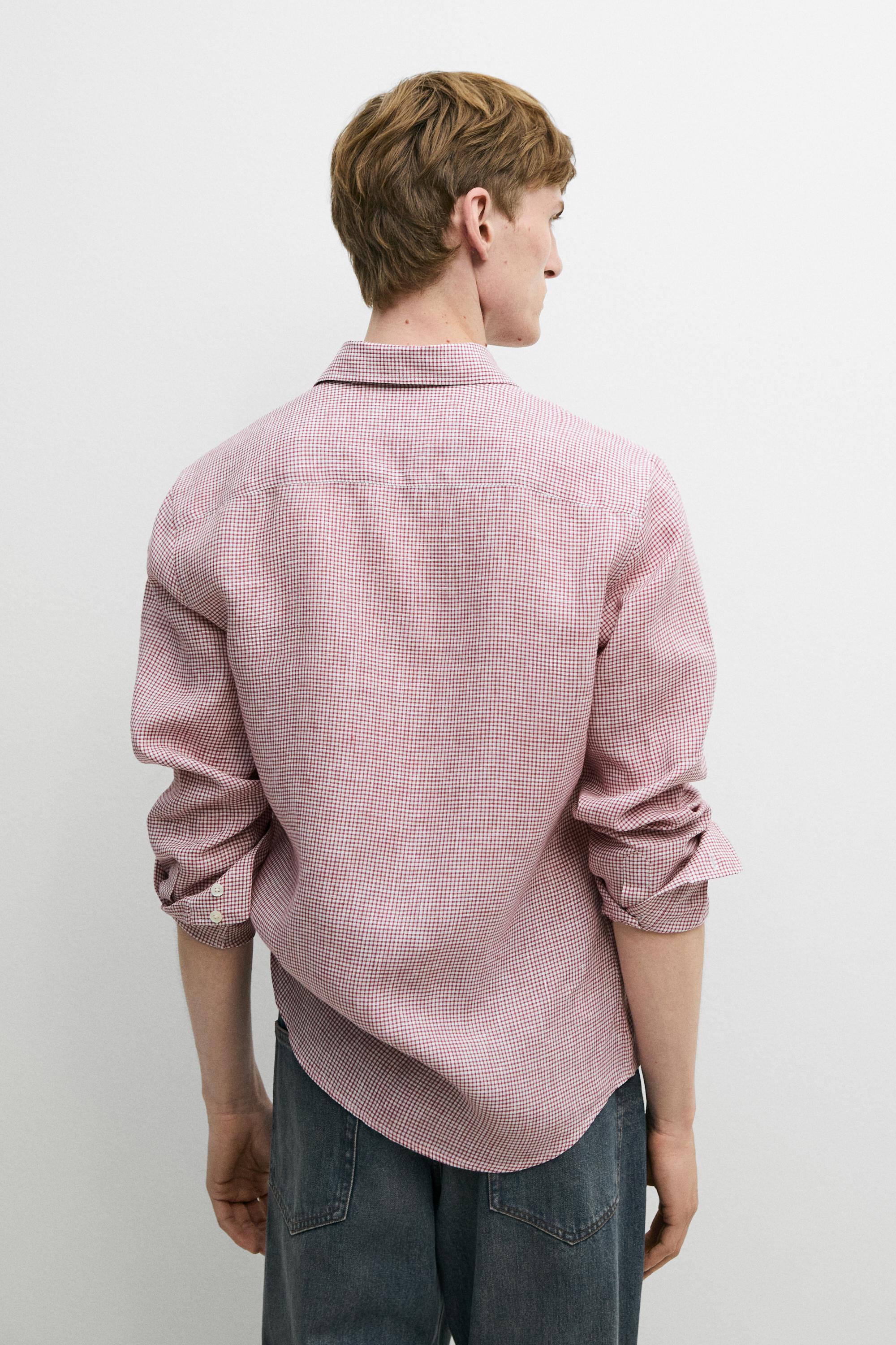 100% linen regular fit micro-checked shirt — BRIGHT RED