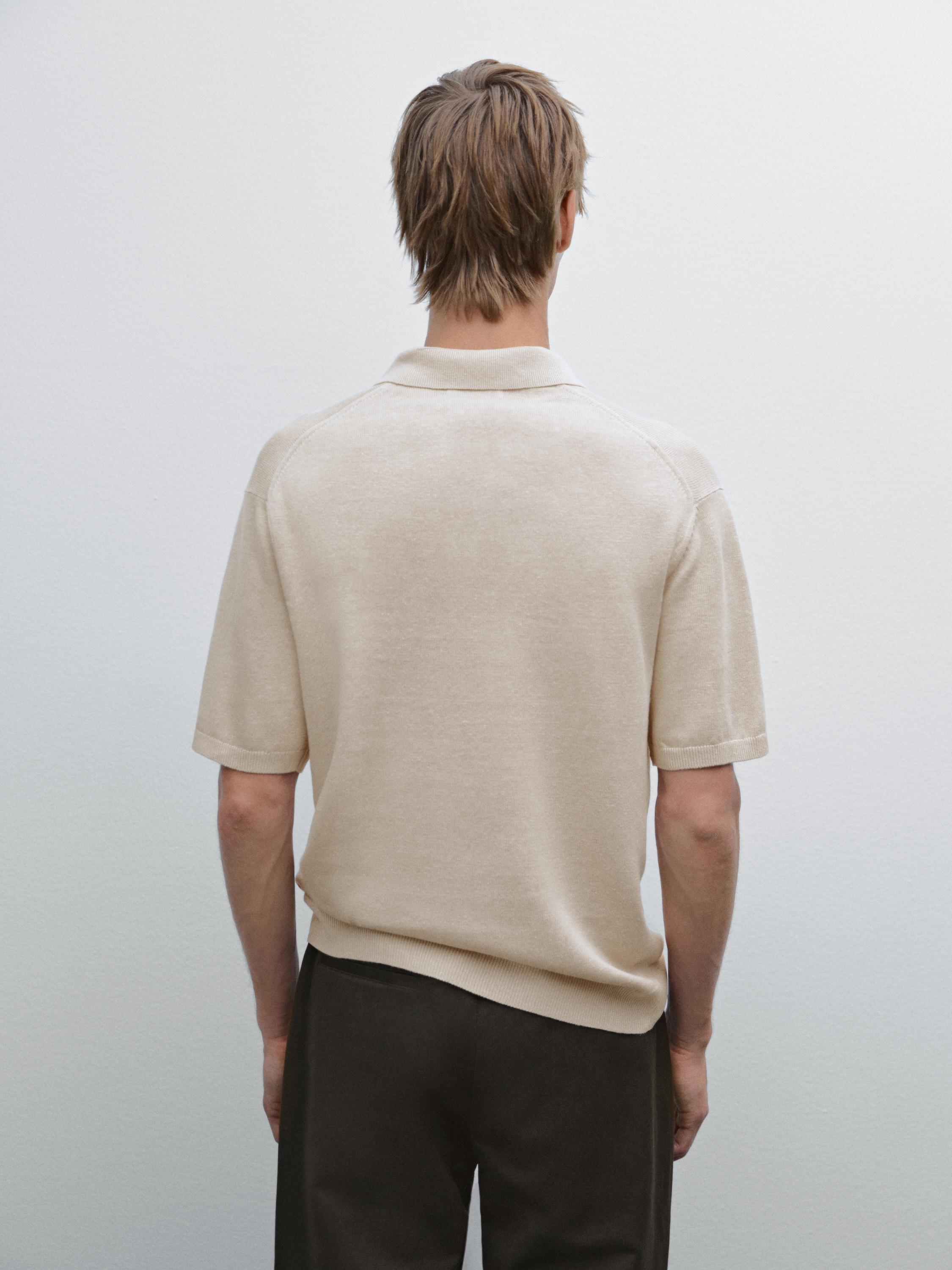 Cotton and linen blend knit V-neck polo shirt
