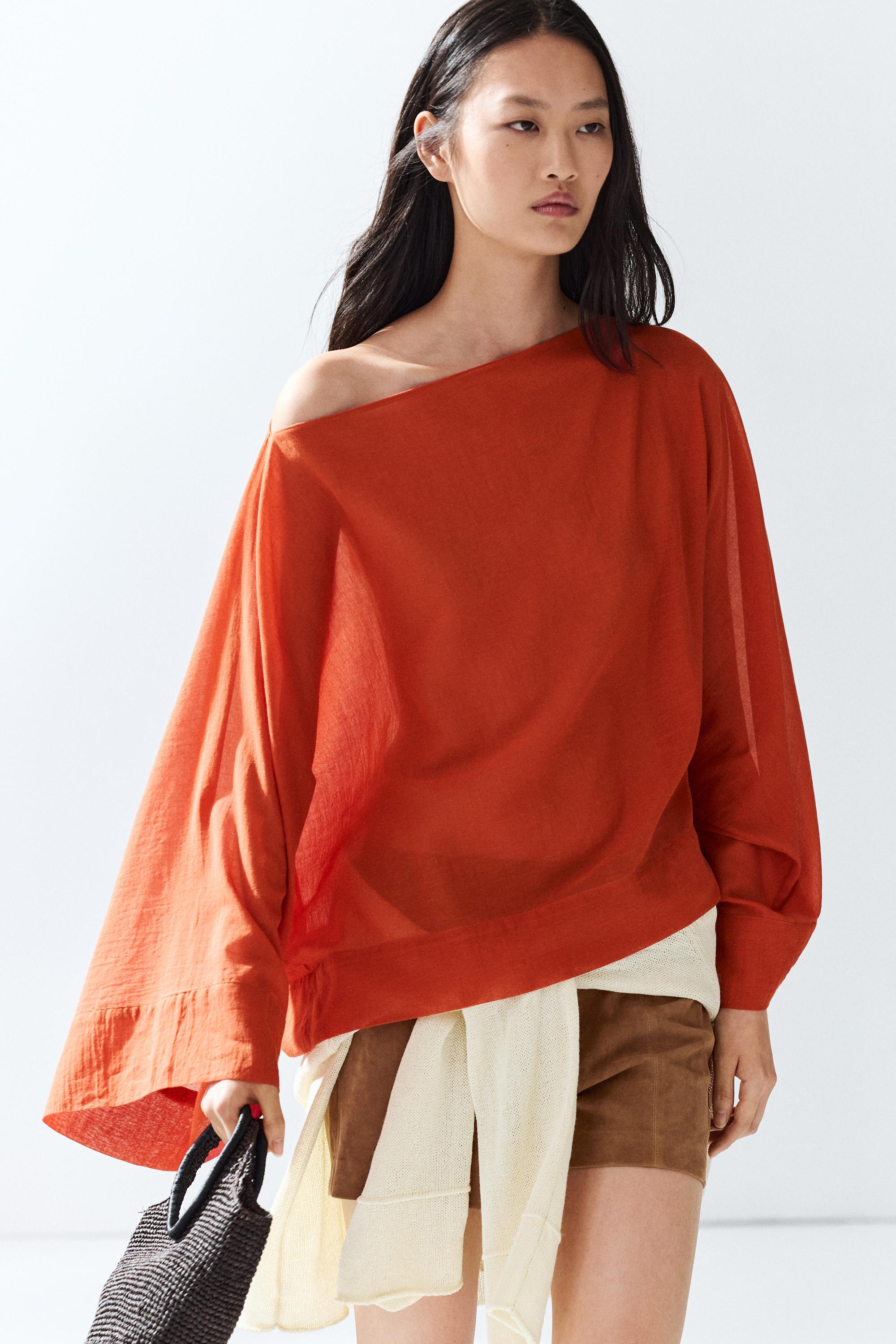 Flowing 100% cotton shirt with voluminous sleeves — BURNT ORANGE