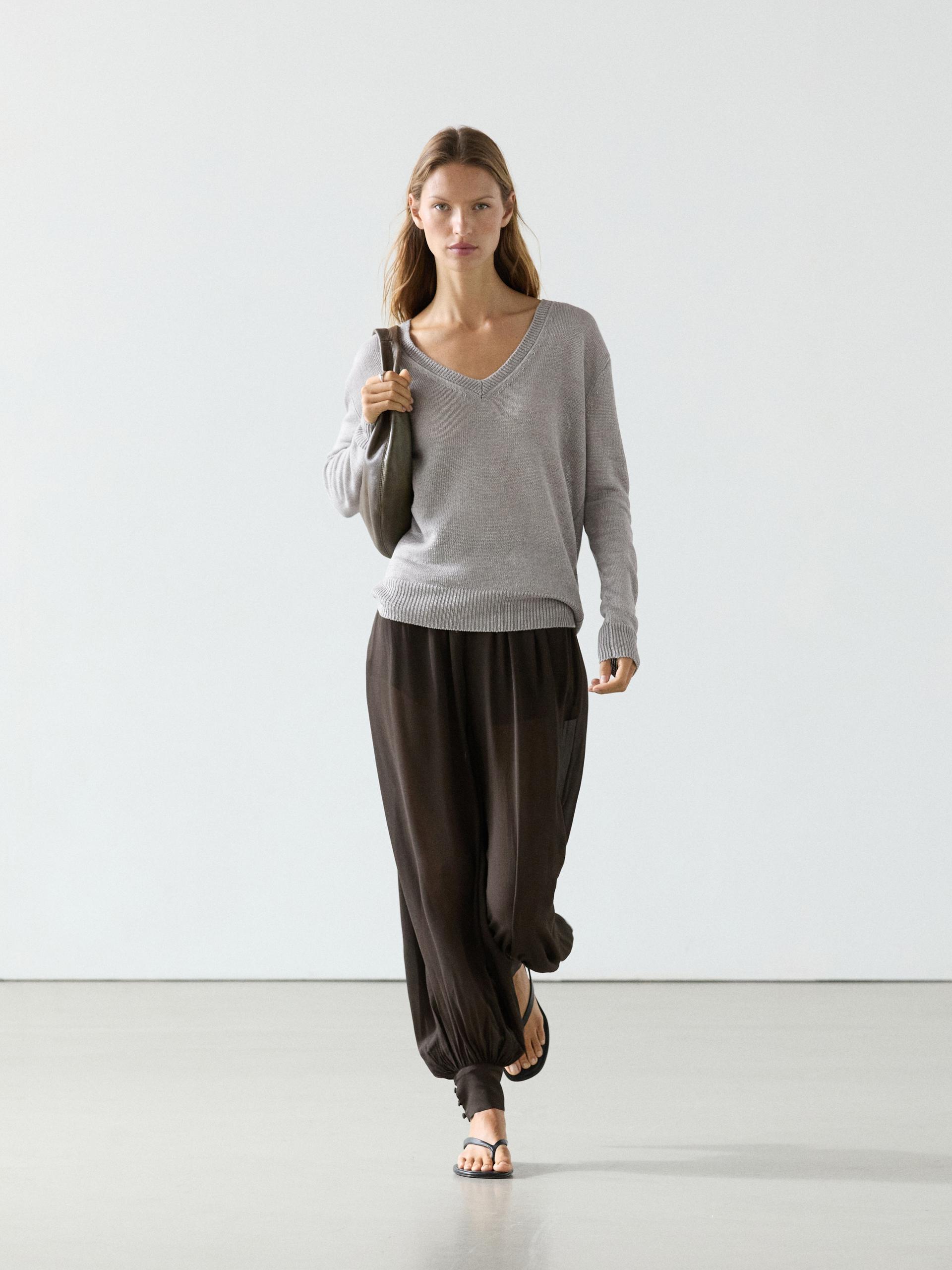 Pullover In Maglia Con Scollo A V In Lino - Grigio Mélange - S - Massimo Dutti - Femminile