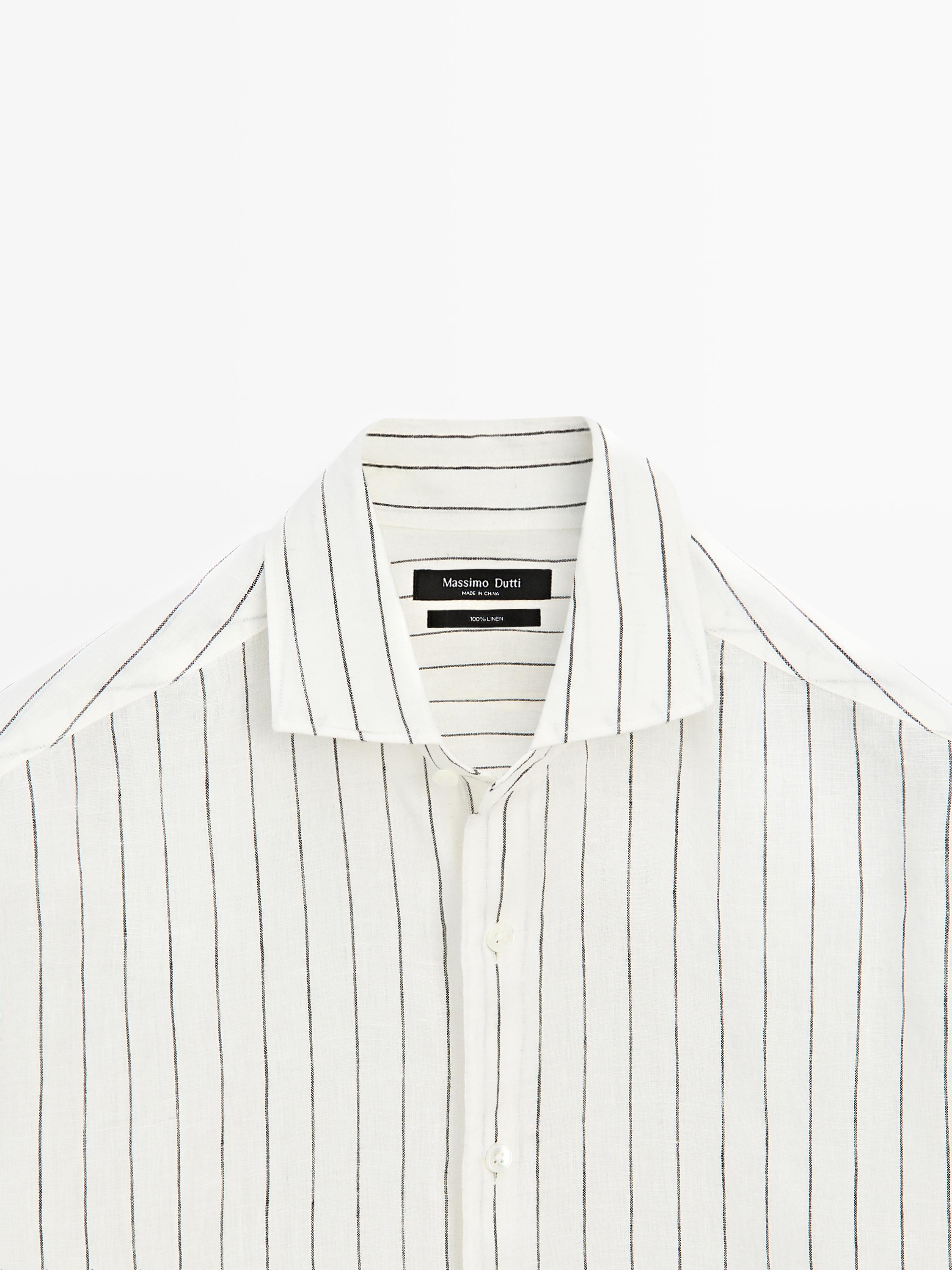 100% linen slim fit striped shirt — Off white