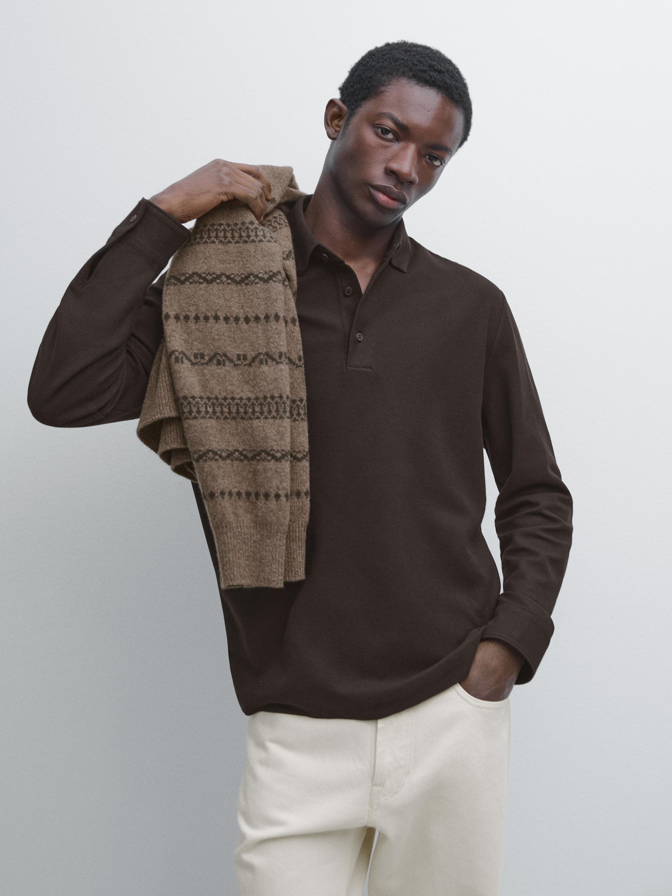 Textured piqué polo shirt with long sleeves