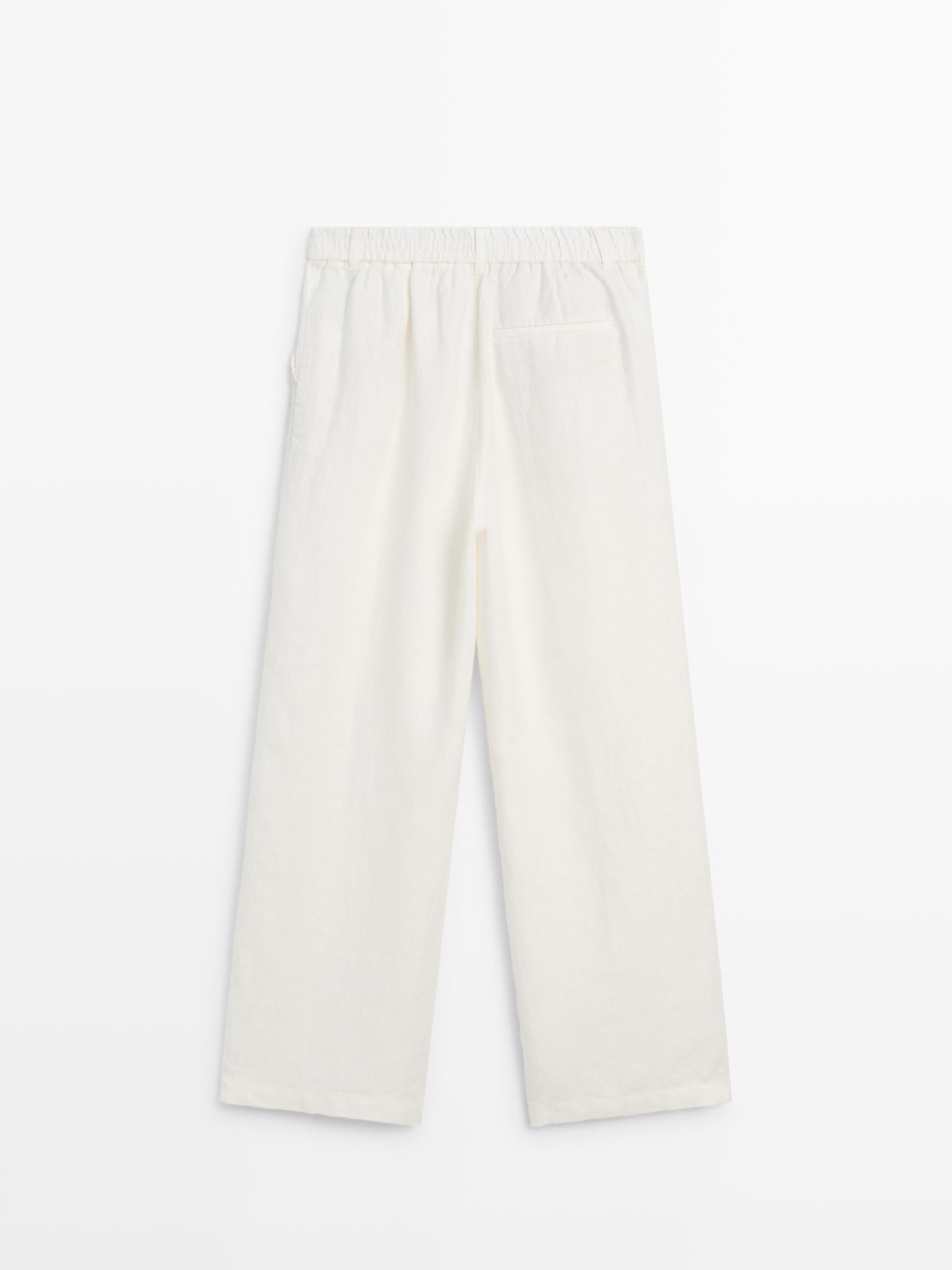 100% linen wide-leg elasticated trousers — Off white