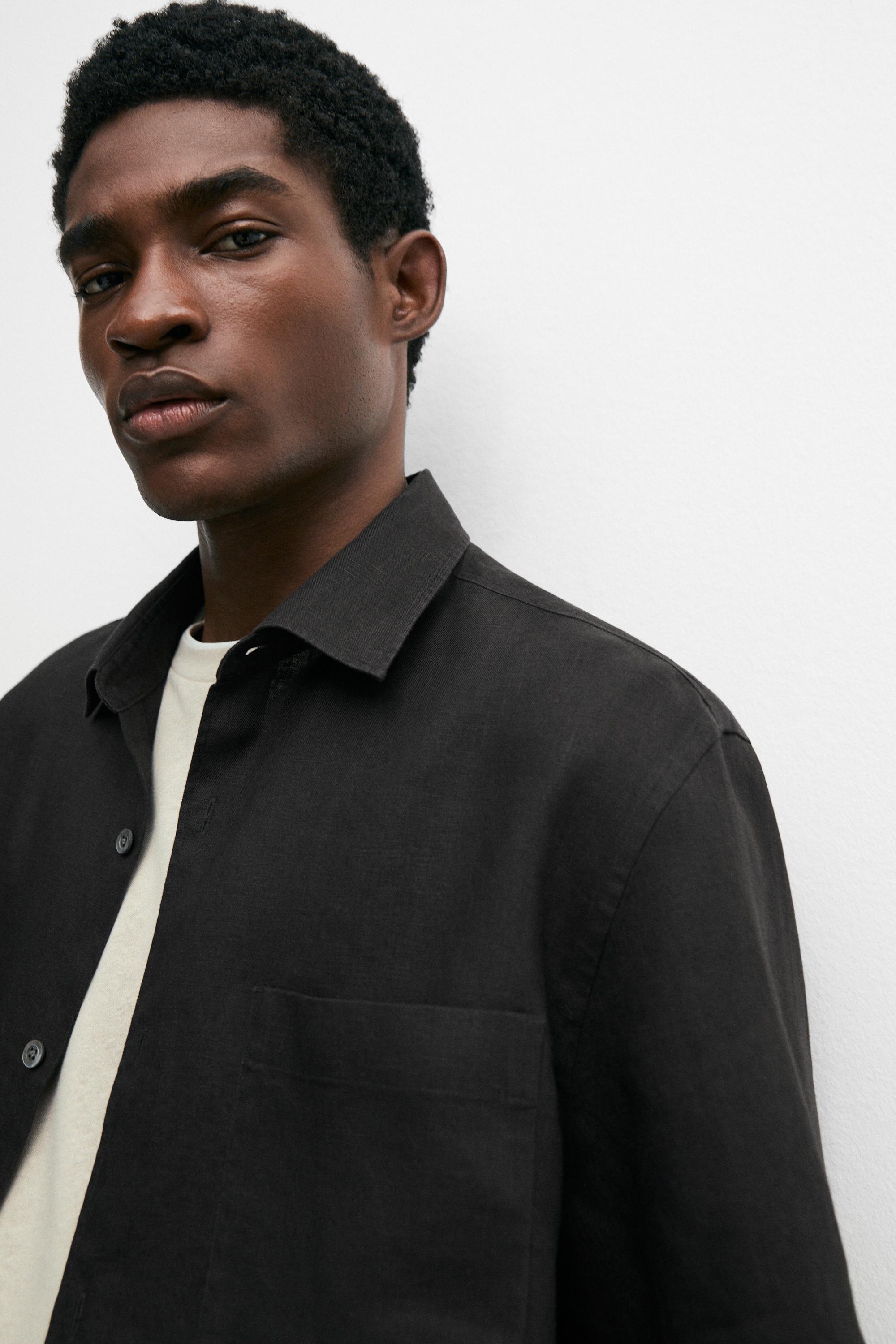 100% linen regular fit short sleeve shirt — BLACK