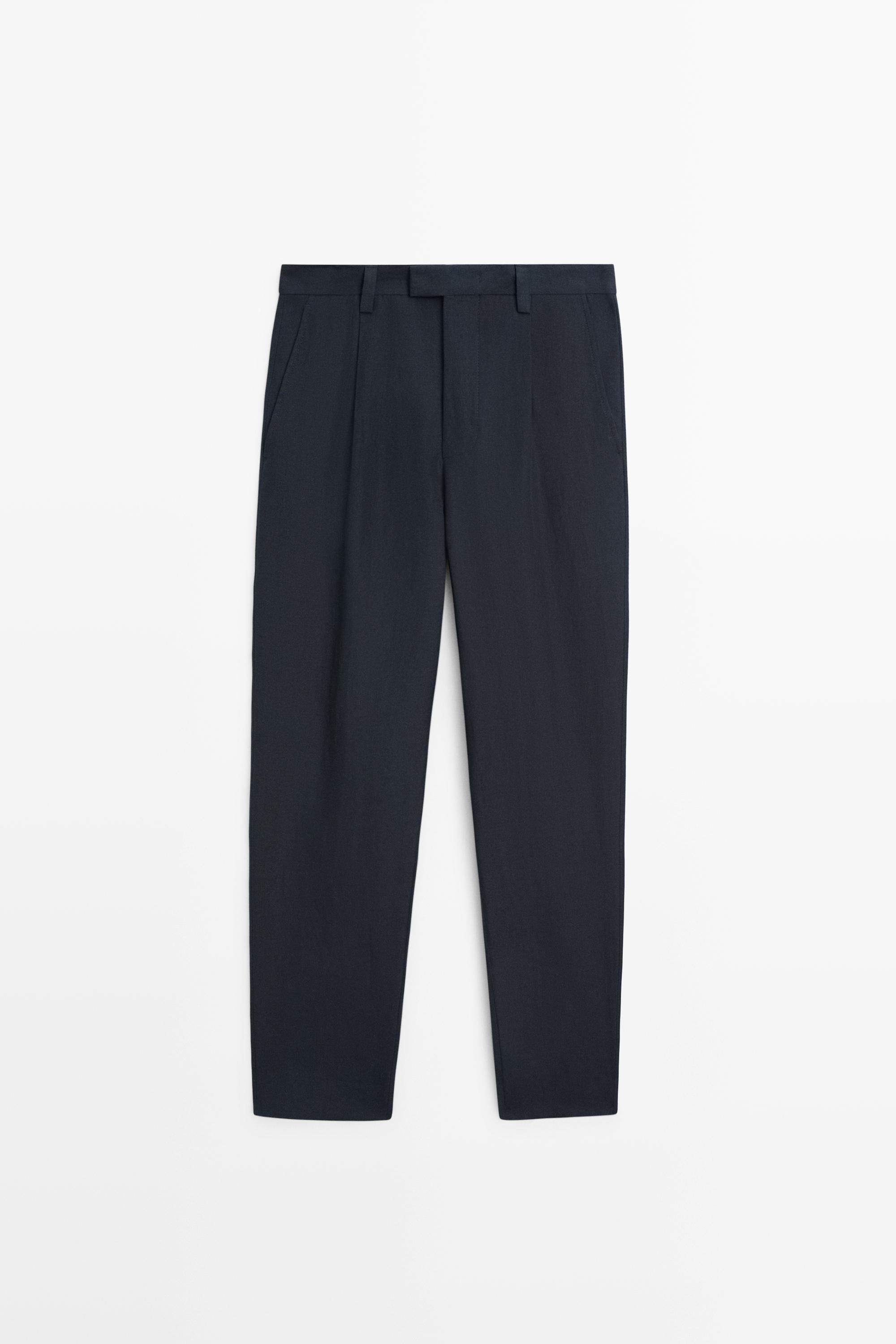 Darted 100% linen trousers — NAVY BLUE