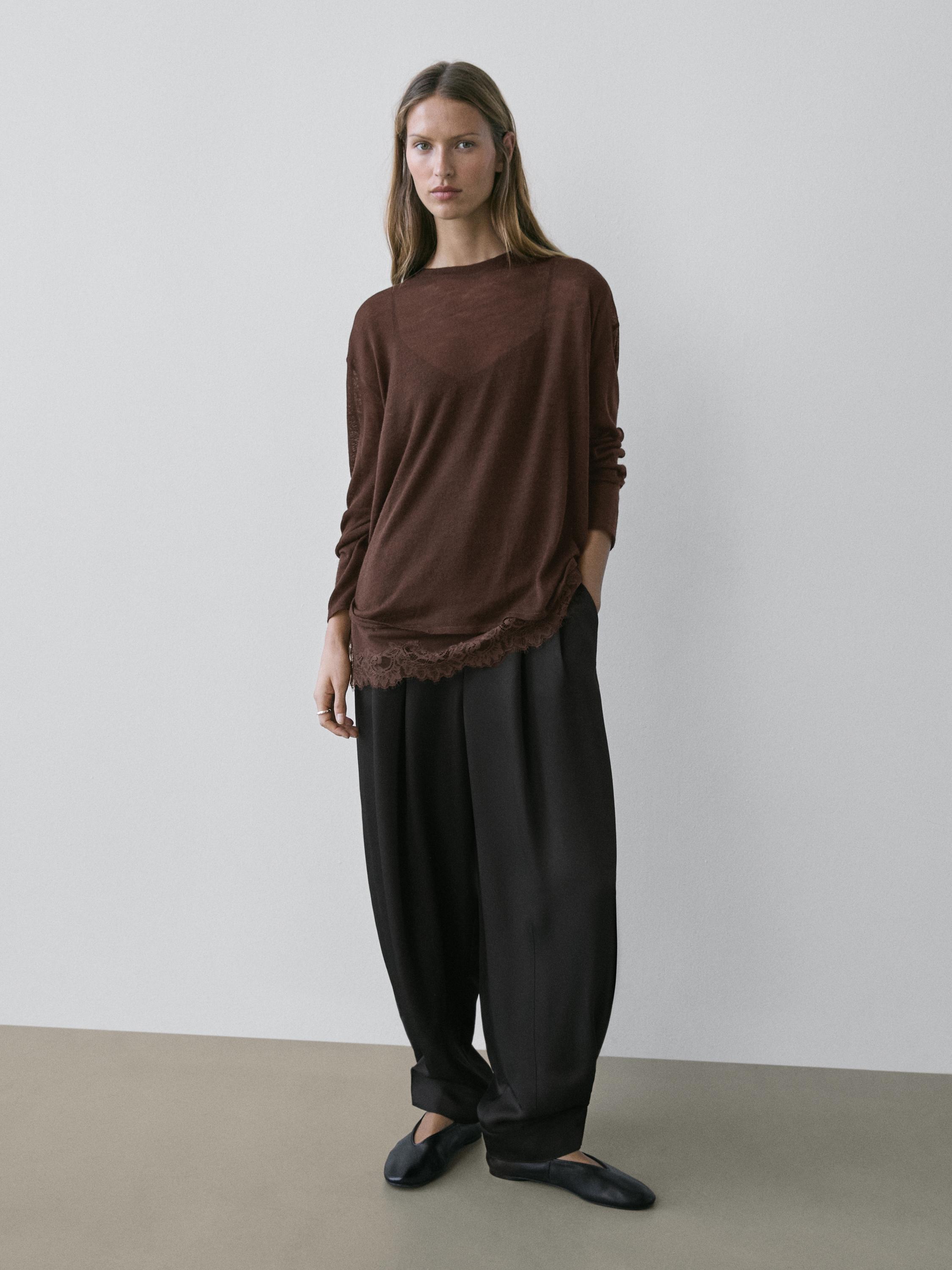 Long sleeve T-shirt with lace detail — BROWN