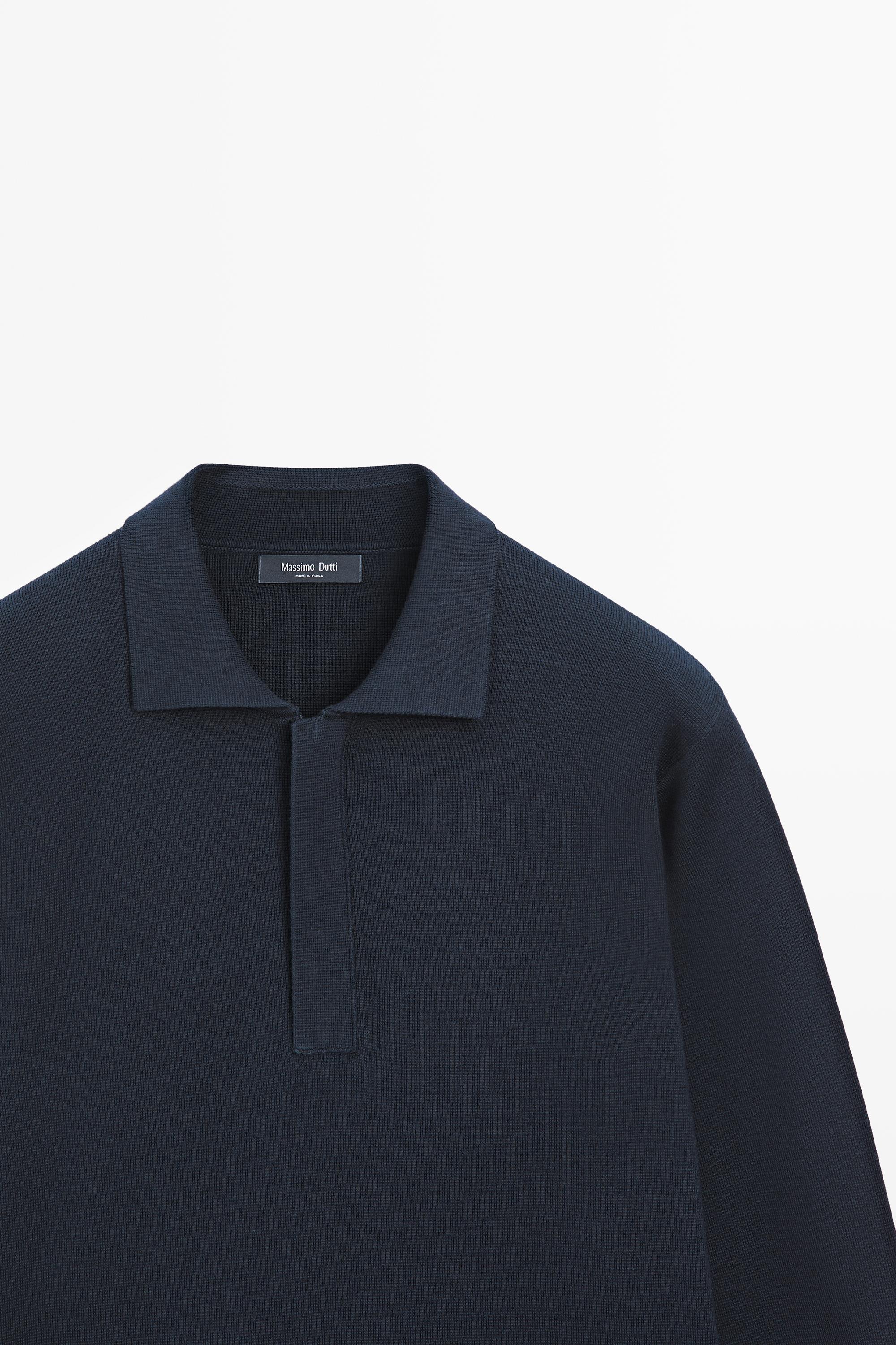 Cotton blend zip-up knit polo sweater — NAVY BLUE