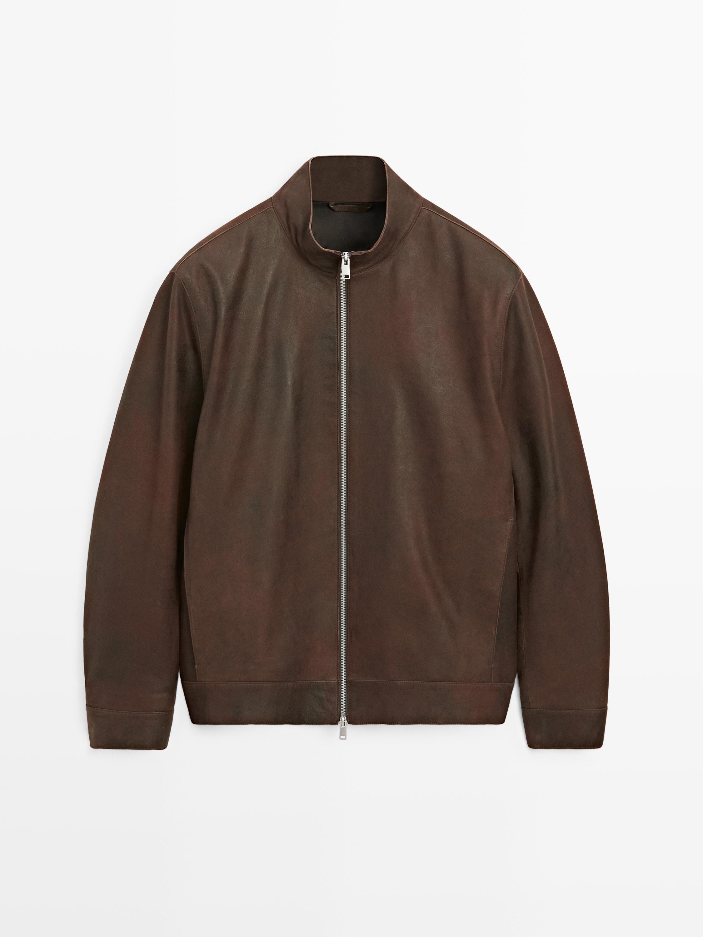 Front view of a brown bomber jacket with a central zipper and a high collar.
