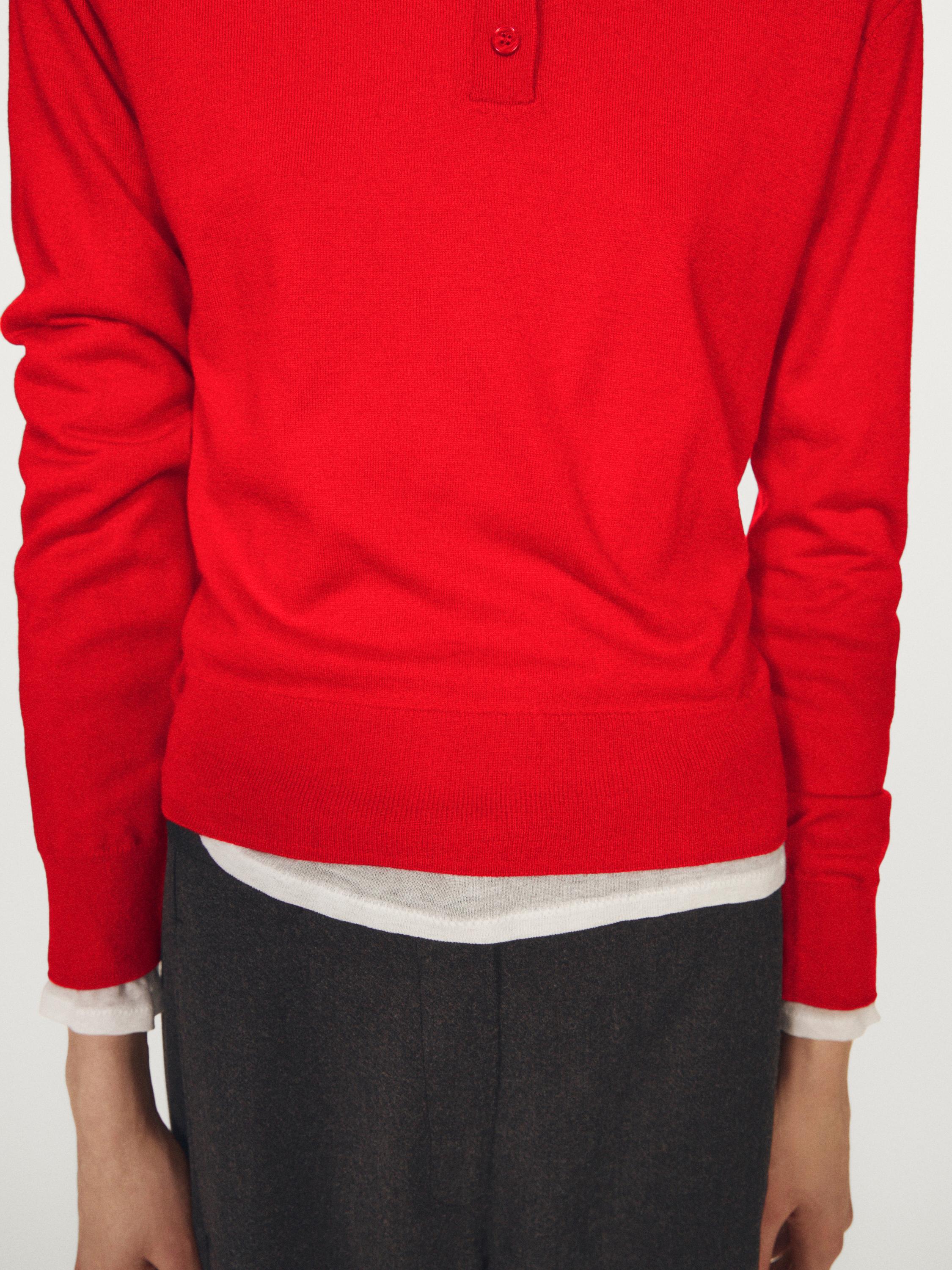 Buttoned mock turtleneck knit sweater — RED