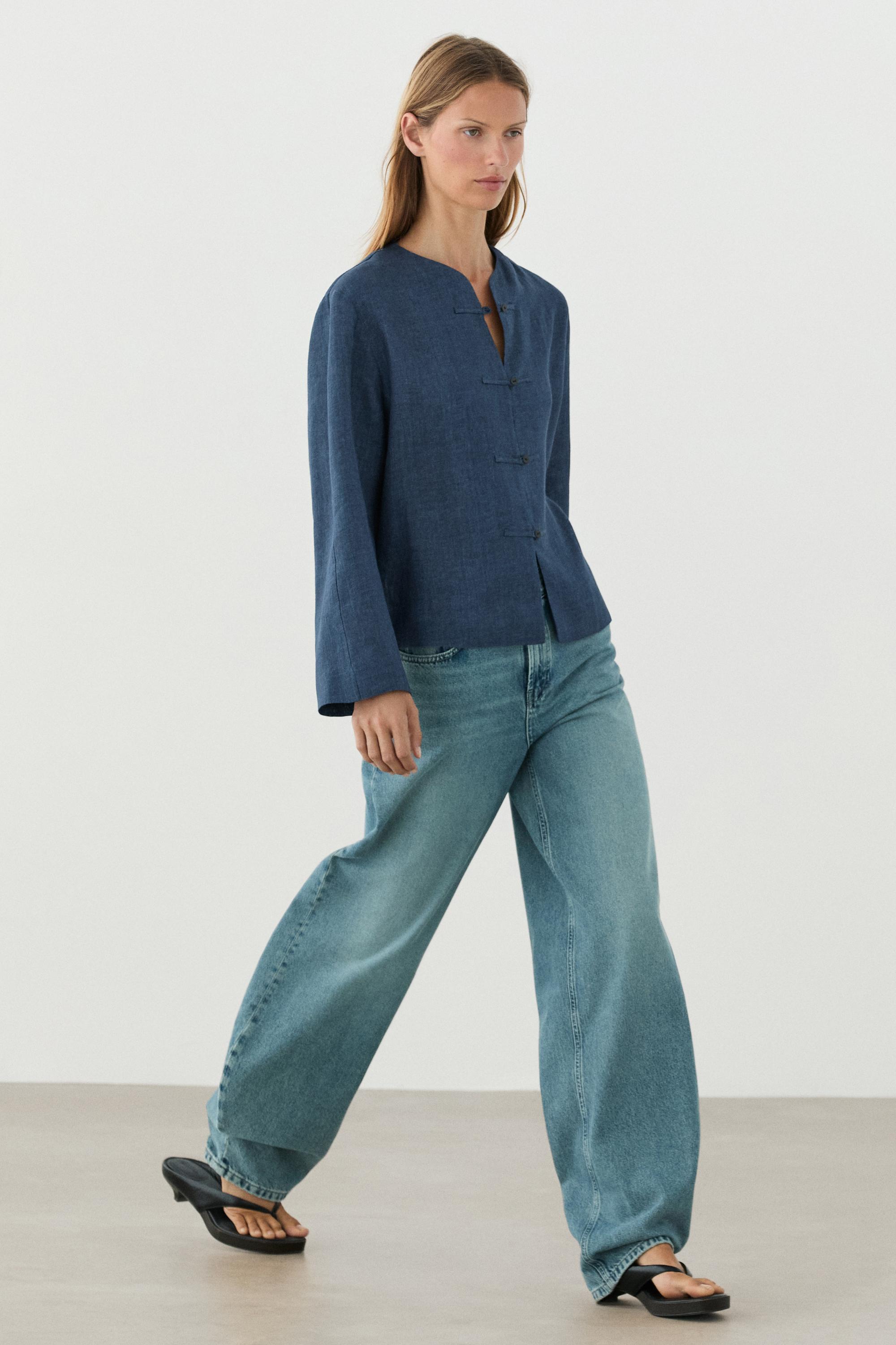 100% linen overshirt with toggle details — BLUE