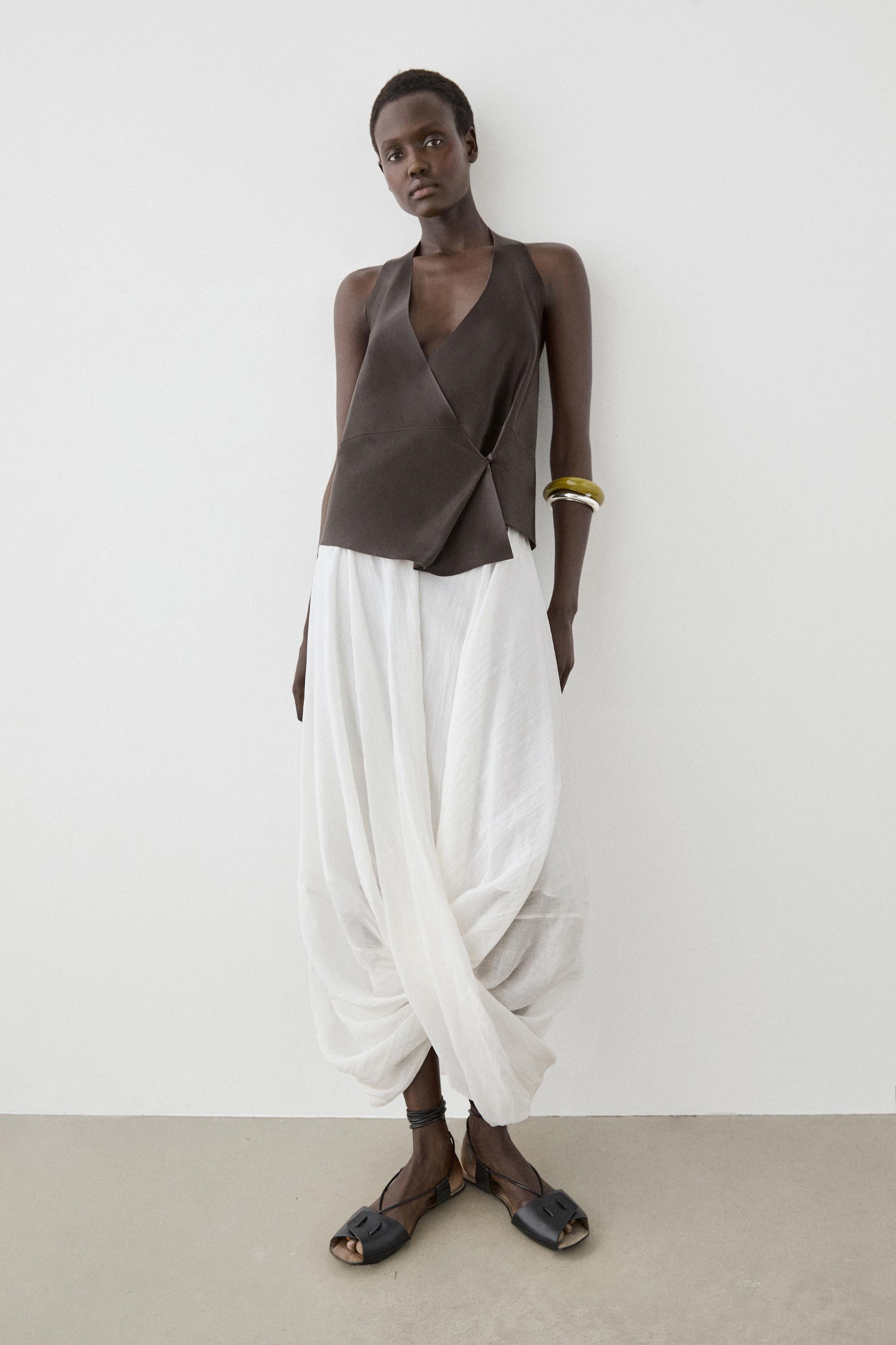 Nappa leather wrap top — BROWN