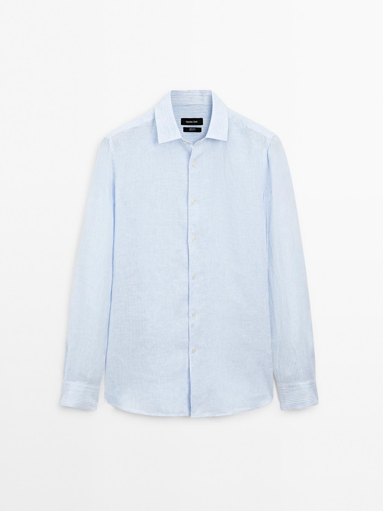 Massimo Dutti - Herre - Stribet, Slim Fit Skjorte I Hør - Himmelblå - S