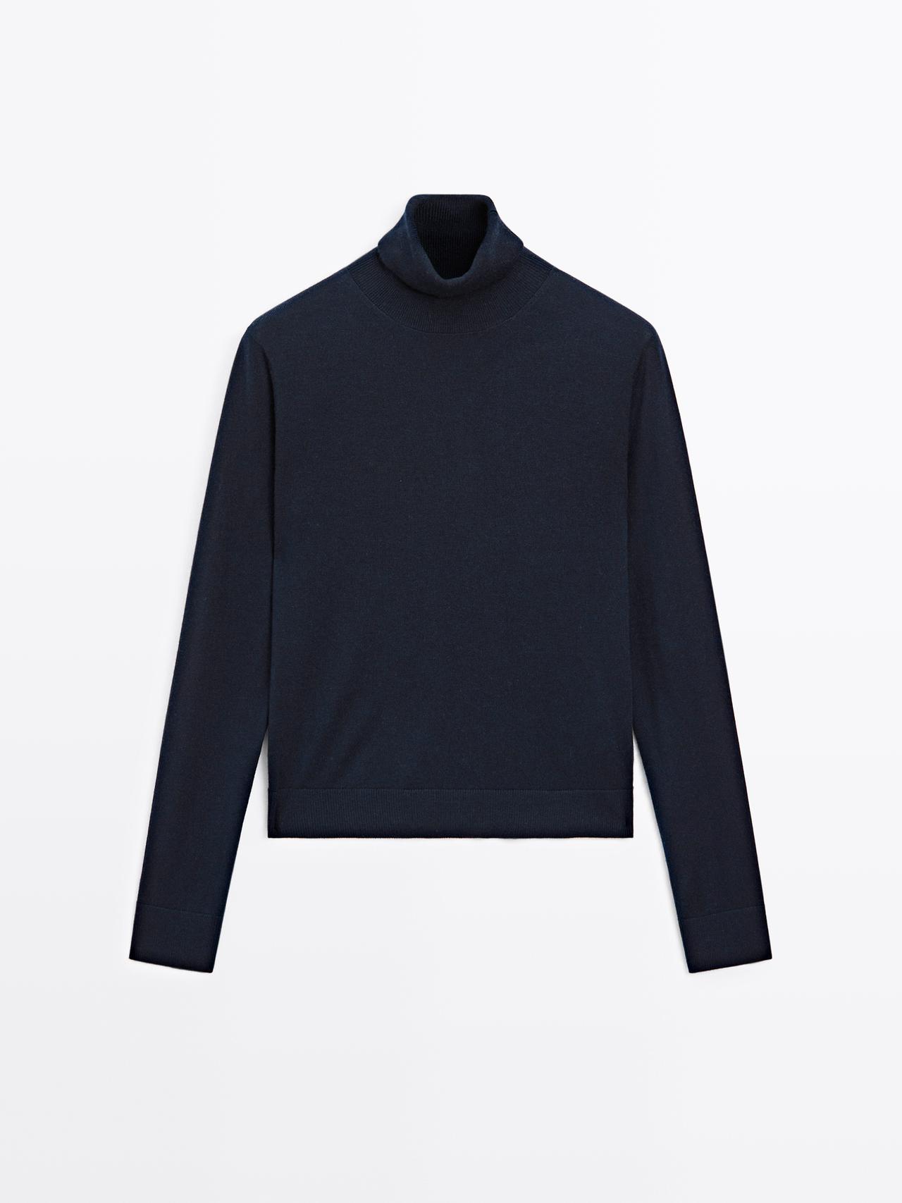 Massimo Dutti - Dame - Striktrøje I Uldblanding Med Høj Hals - Marineblå - Xs