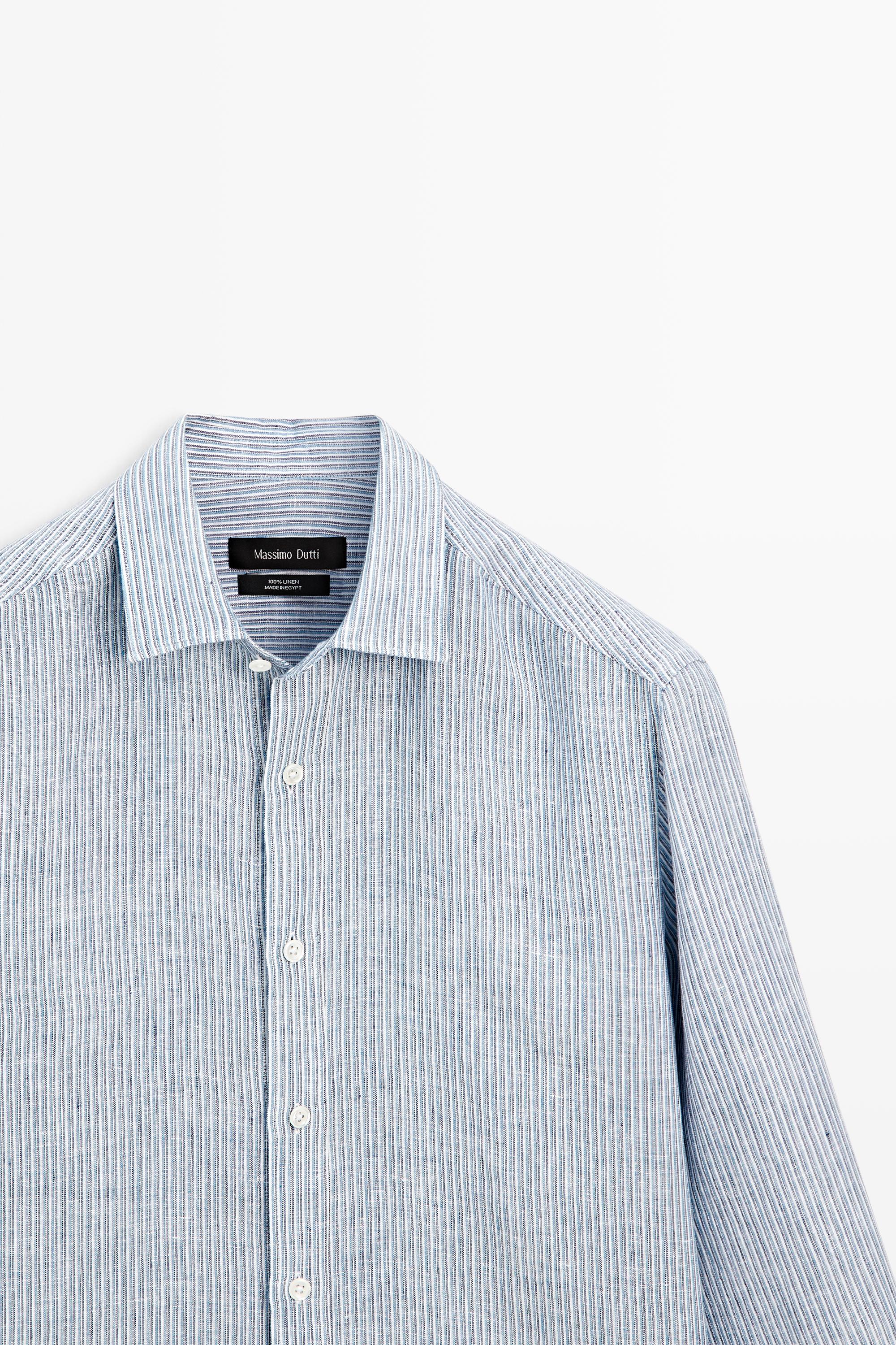 100% linen regular fit striped shirt — BLUE