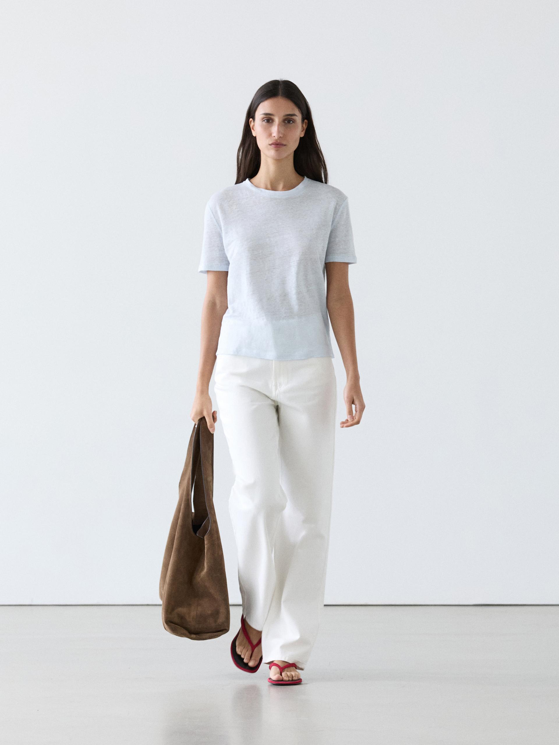 Camiseta Manga Corta Lino - Celeste - Xl - Massimo Dutti - Mujer