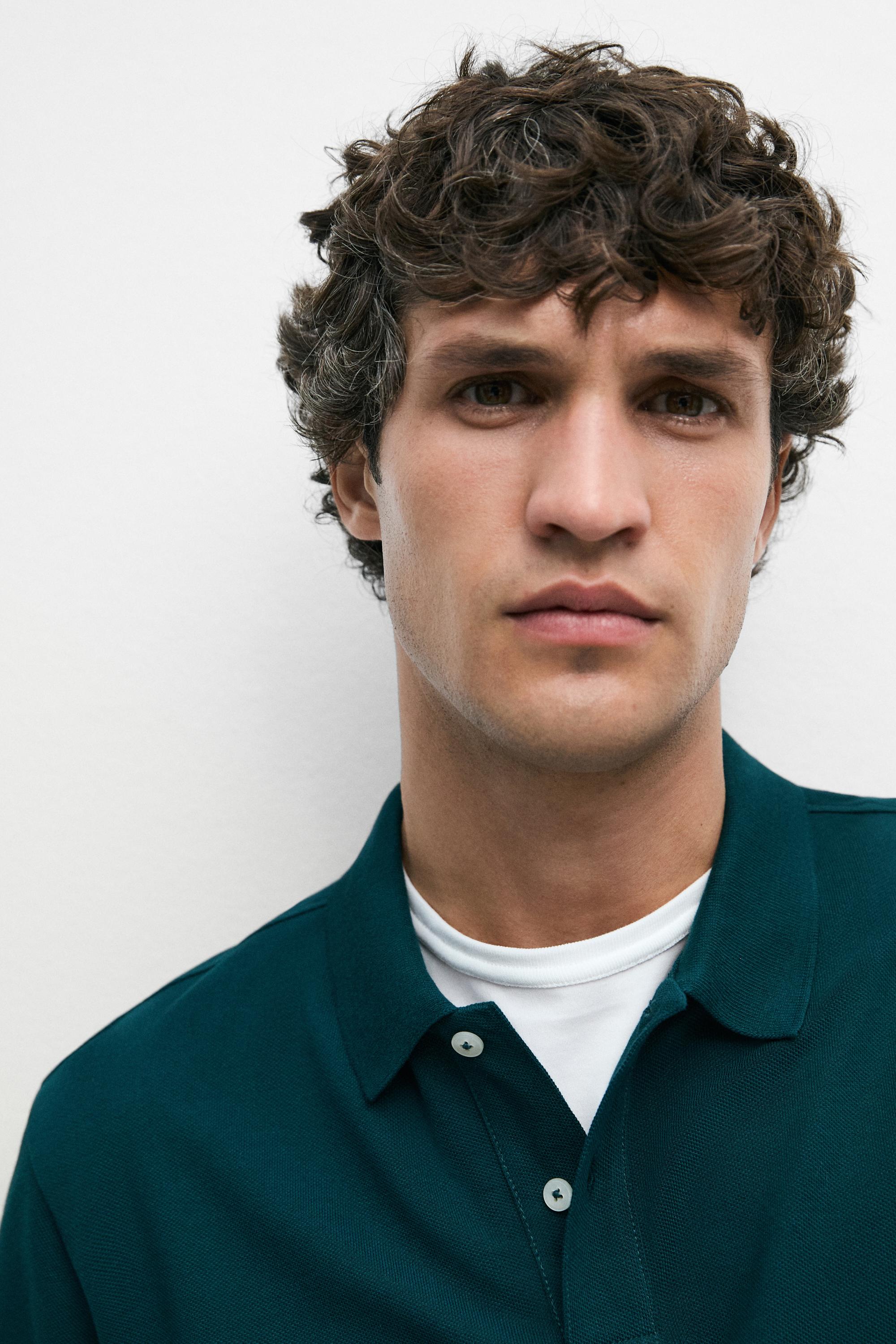Micro-textured cotton piqué polo shirt — GREENISH BLUE