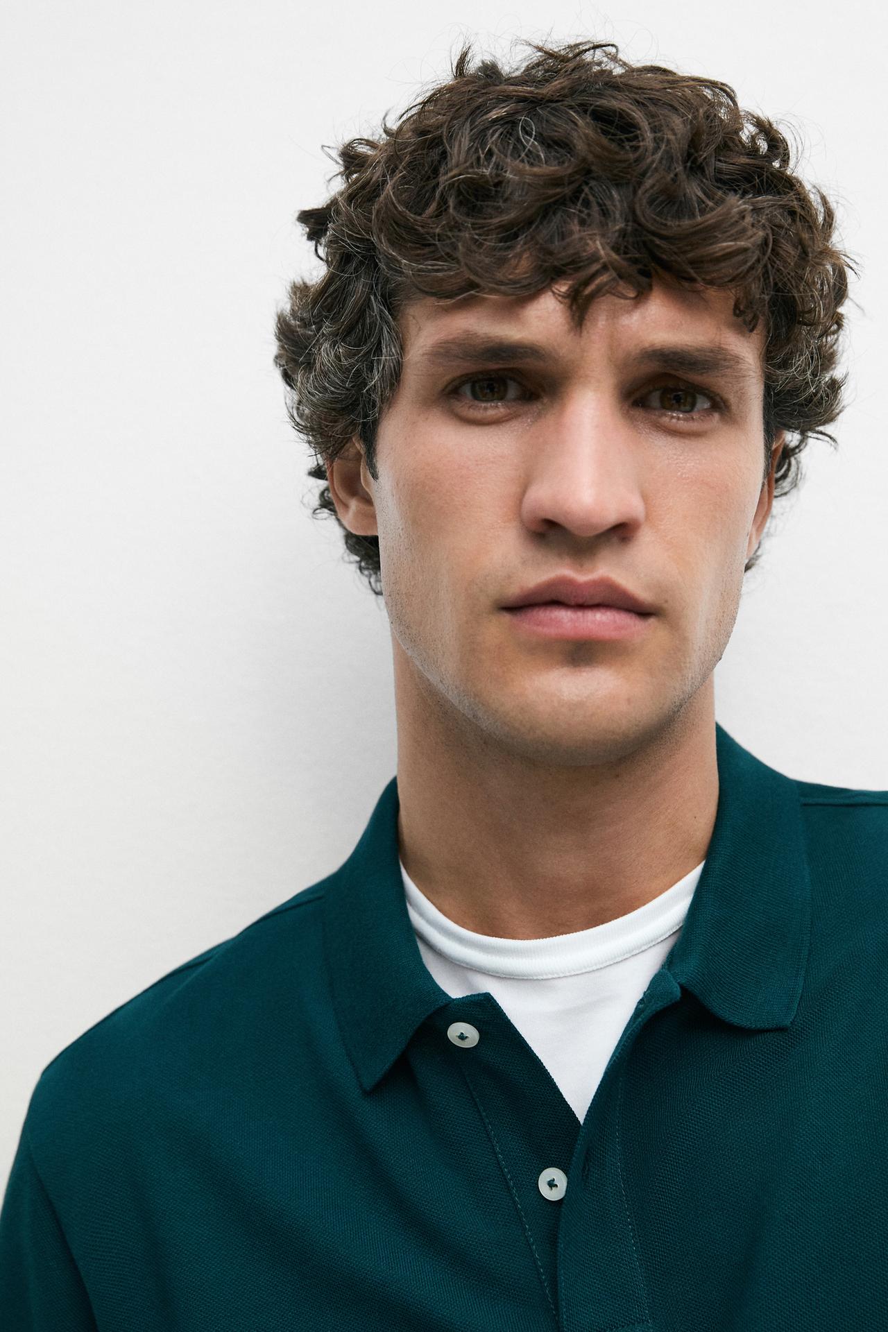 Micro-textured cotton piqué polo shirt — GREENISH BLUE
