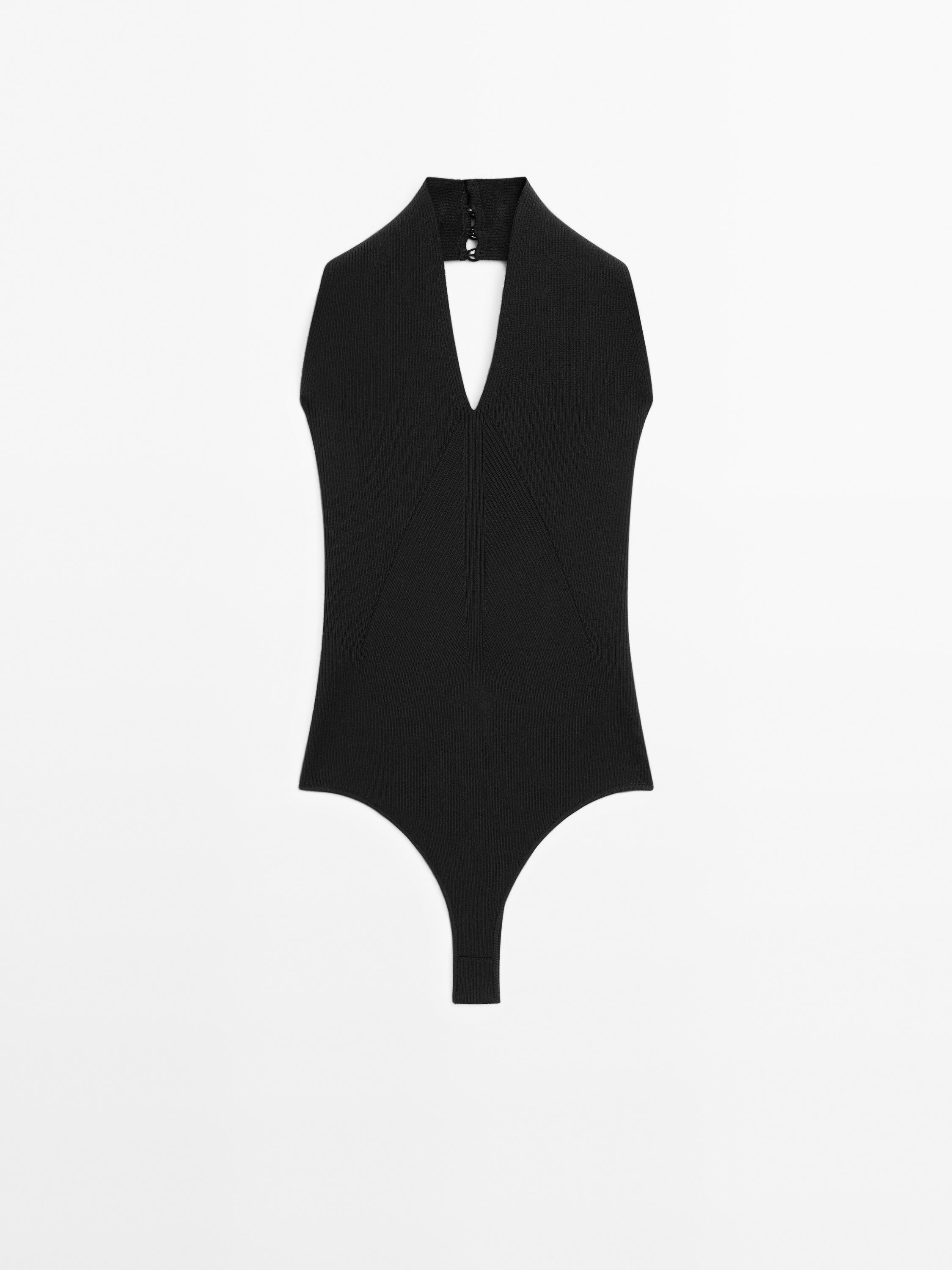 Knit halter bodysuit with V-neck - STUDIO