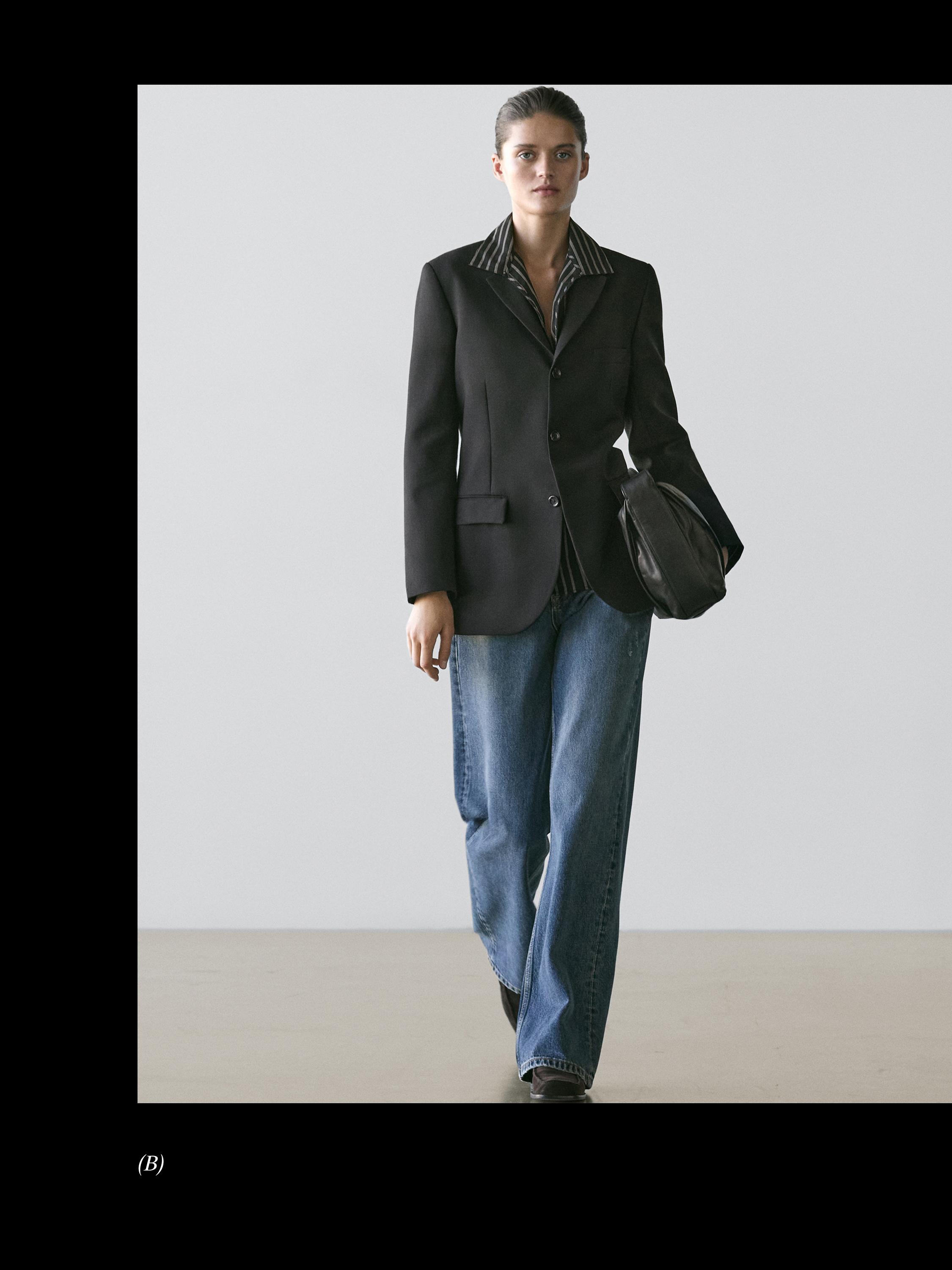 100% wool three-button blazer — BLACK