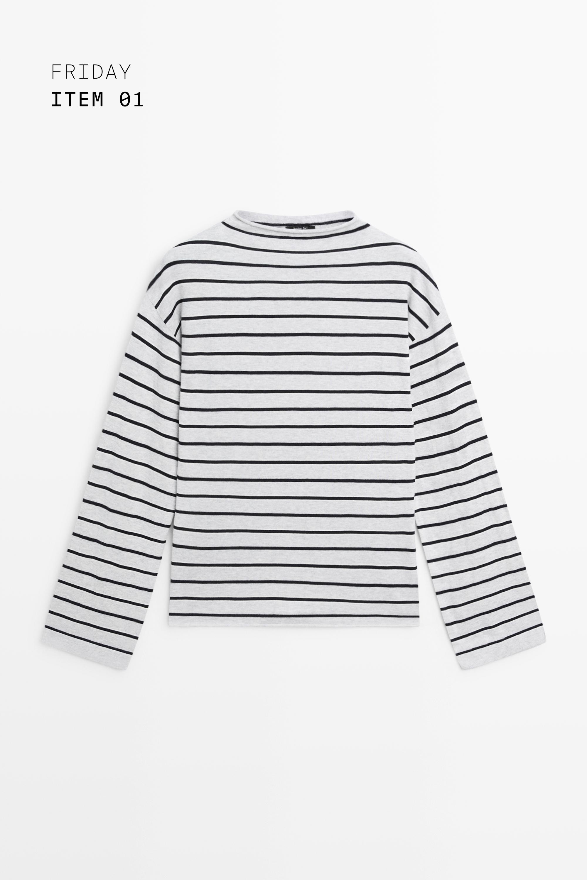 100% cotton striped knit sweater — GREY MARL