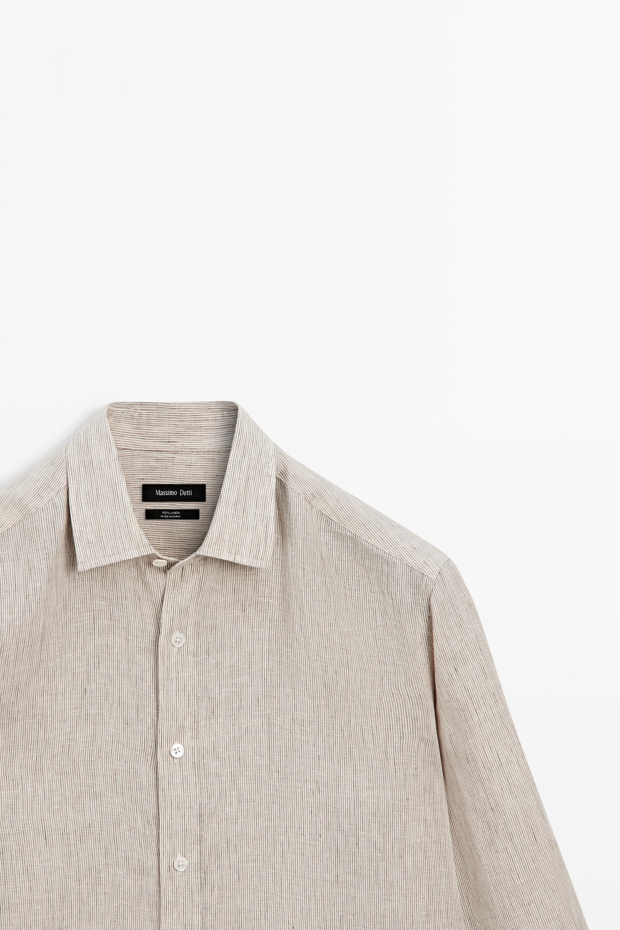 Regular fit washed striped 100% linen shirt — GREEN