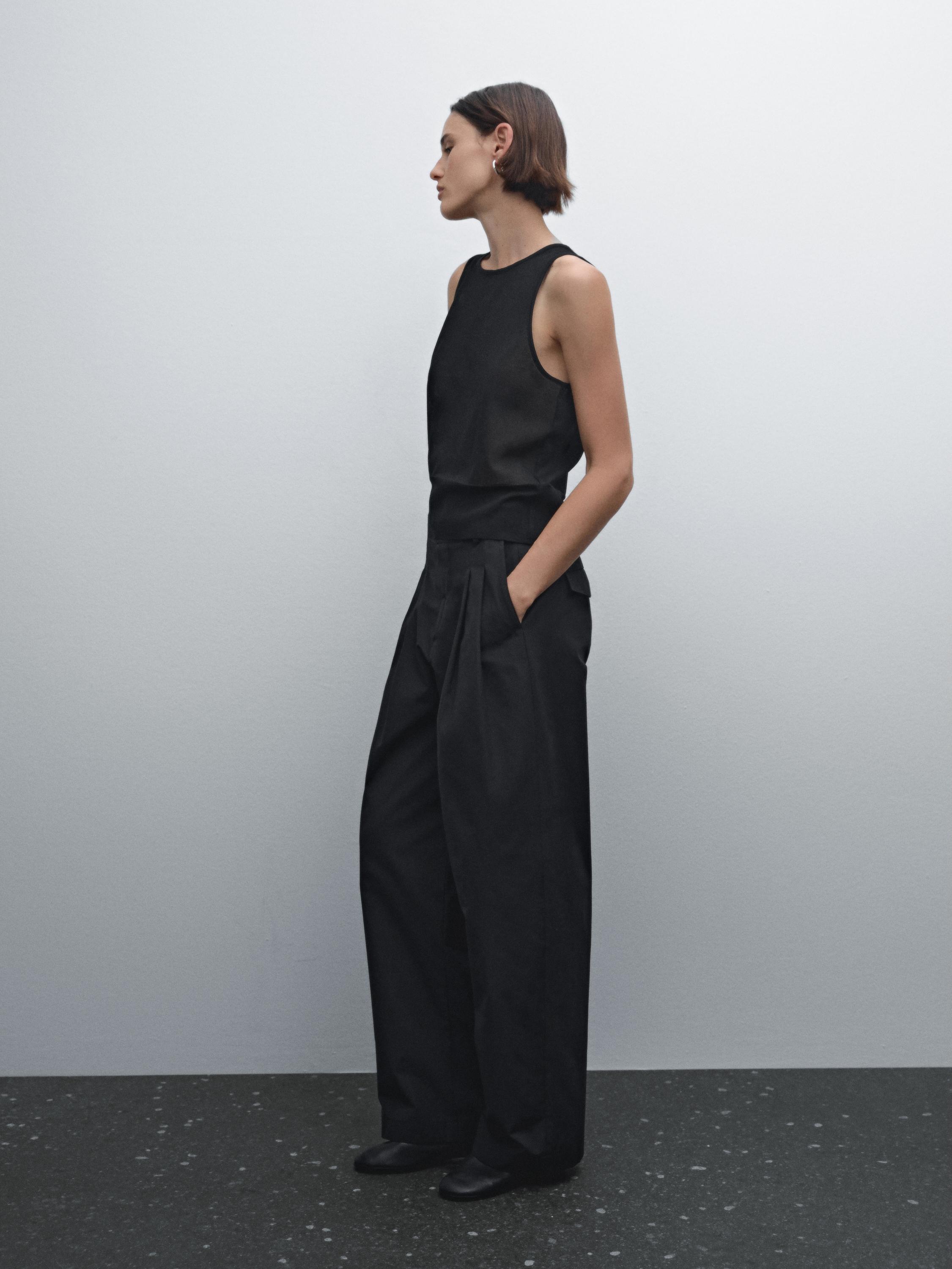Wide-leg cotton blend trousers
